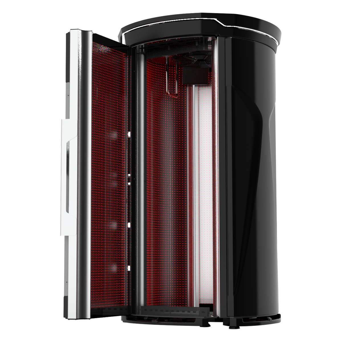 Merican M11 Plus stand-up red light therapy system in Crystal Black, door open with red light on, side-angle view