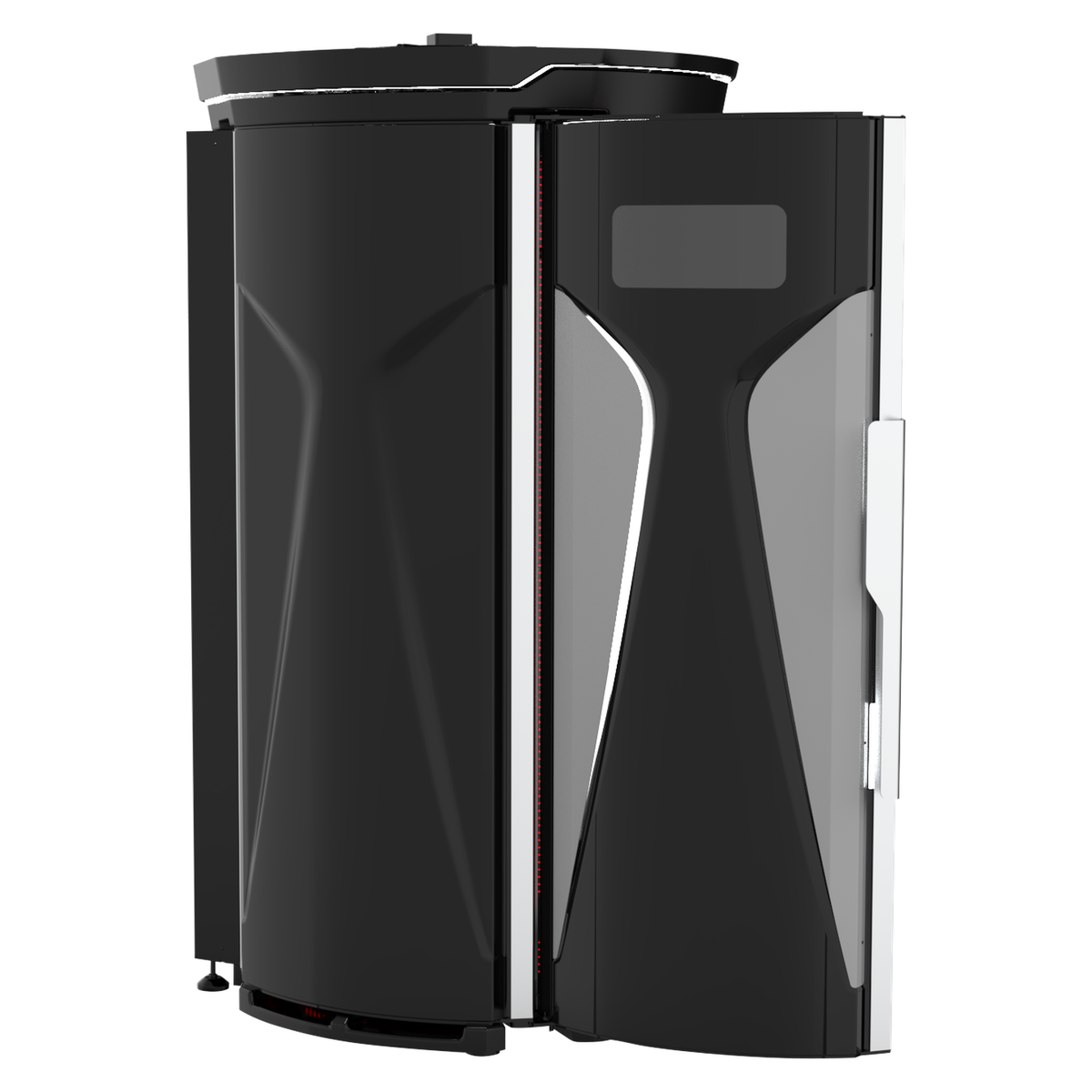 Merican M11 Plus stand-up red light therapy system in Crystal Black, front view with the door ajar