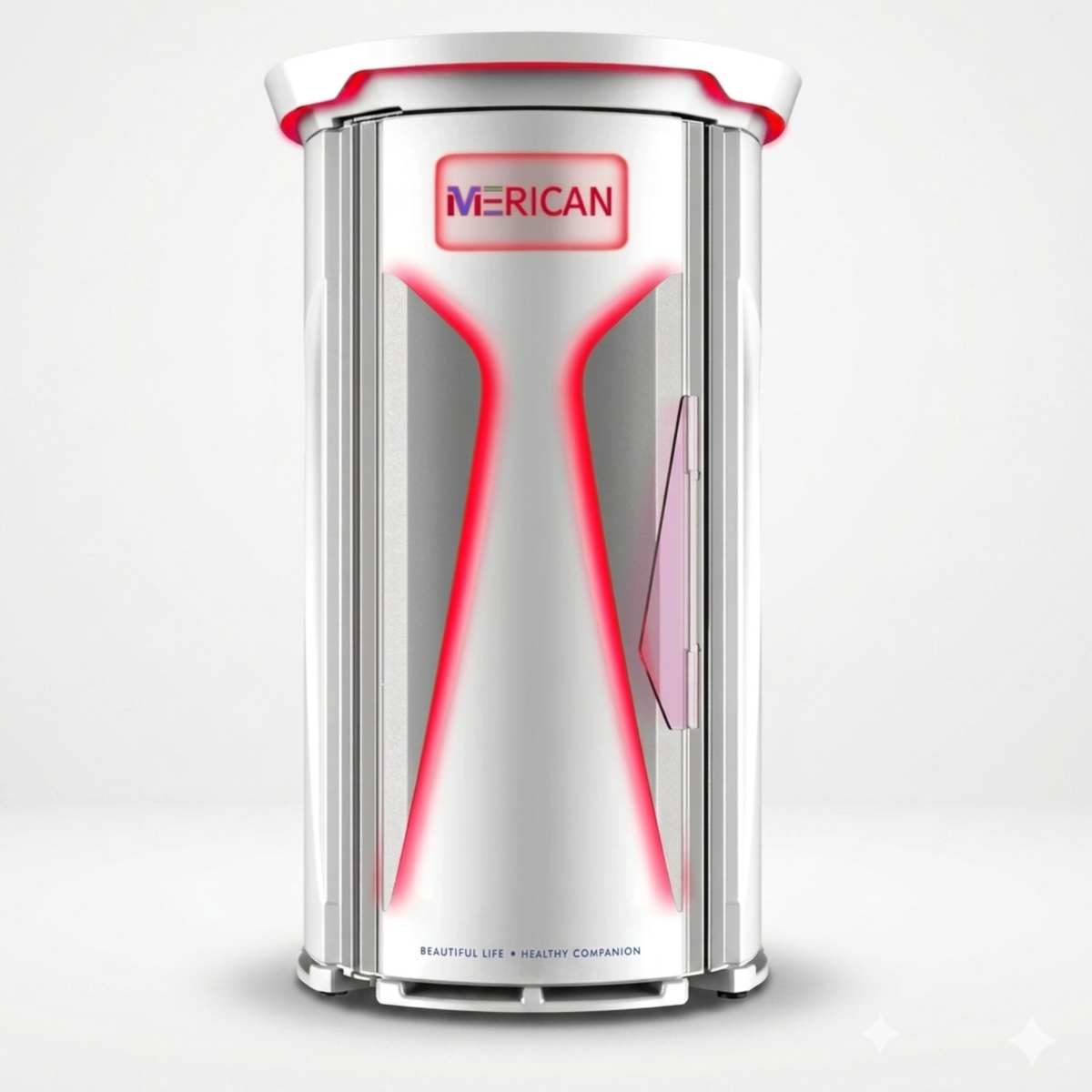 Merican M11 Plus Stand-Up Whole-Body Red Light Therapy System – closed stand-up system with red accents