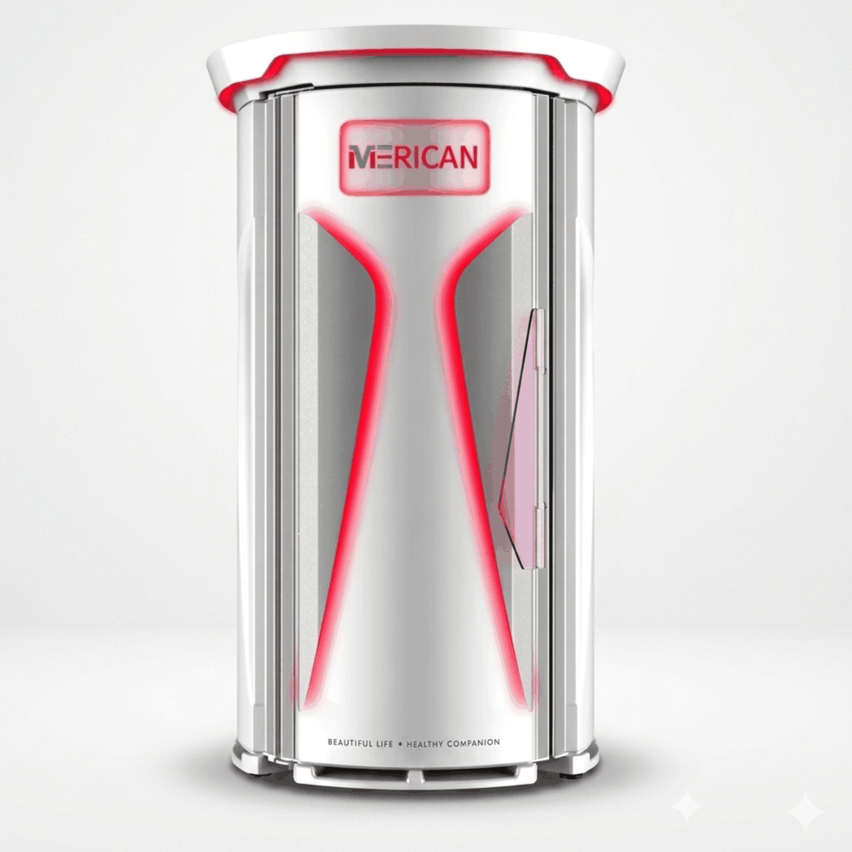 Merican M11 Plus Stand-Up Whole-Body Red Light Therapy System – closed stand-up system with red accents