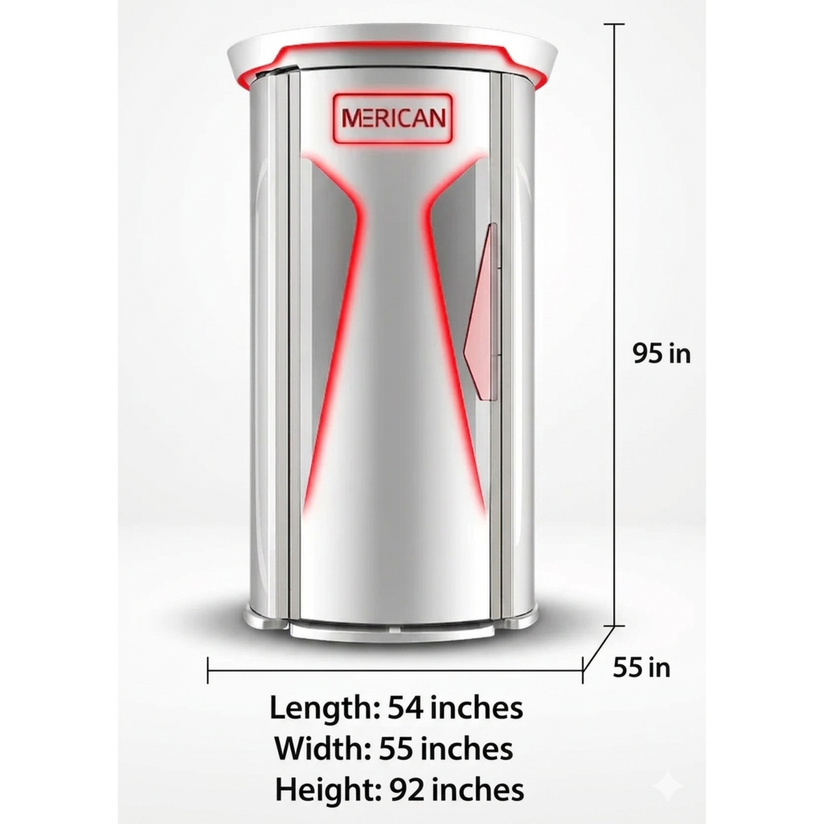 Merican M11 Plus Stand-Up Whole-Body Red Light Therapy System – dimensions of 54 by 55 by 95 inches