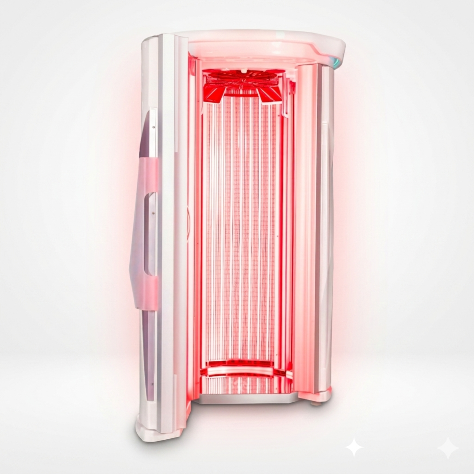 Merican M11 Plus Stand-Up Whole-Body Red Light Therapy System – door open with red light glowing