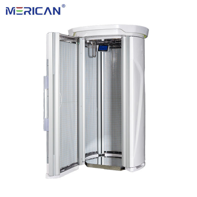 Merican M11 Plus stand-up red light therapy system in Lunar White, door open, studio view