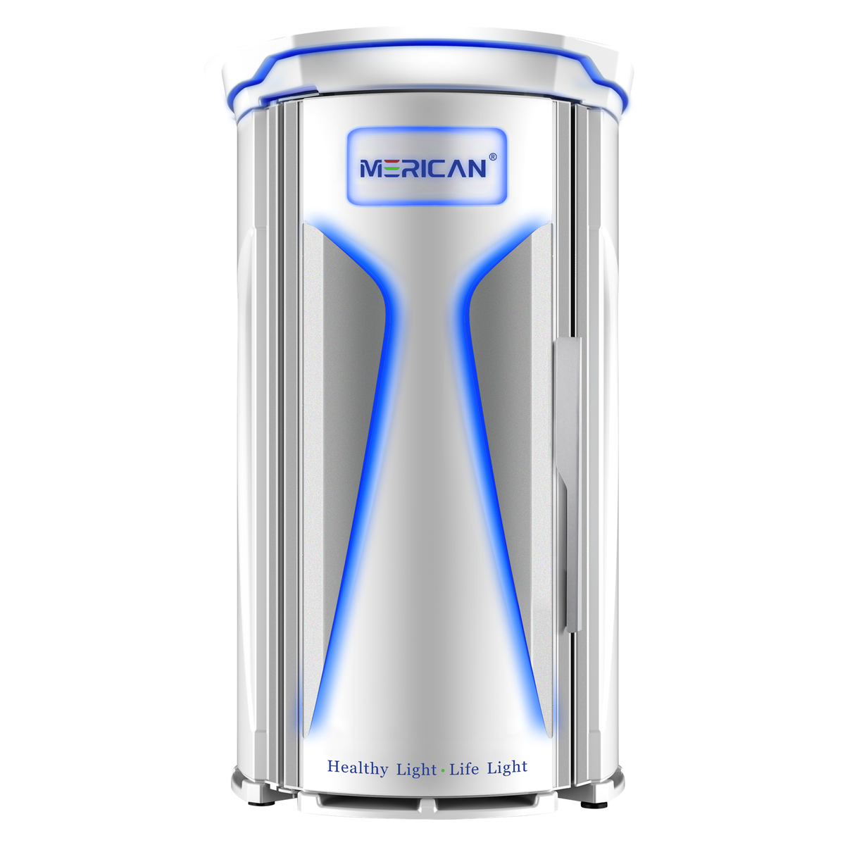 Merican M11 Plus stand-up red light therapy system in Lunar White, front view with the door closed