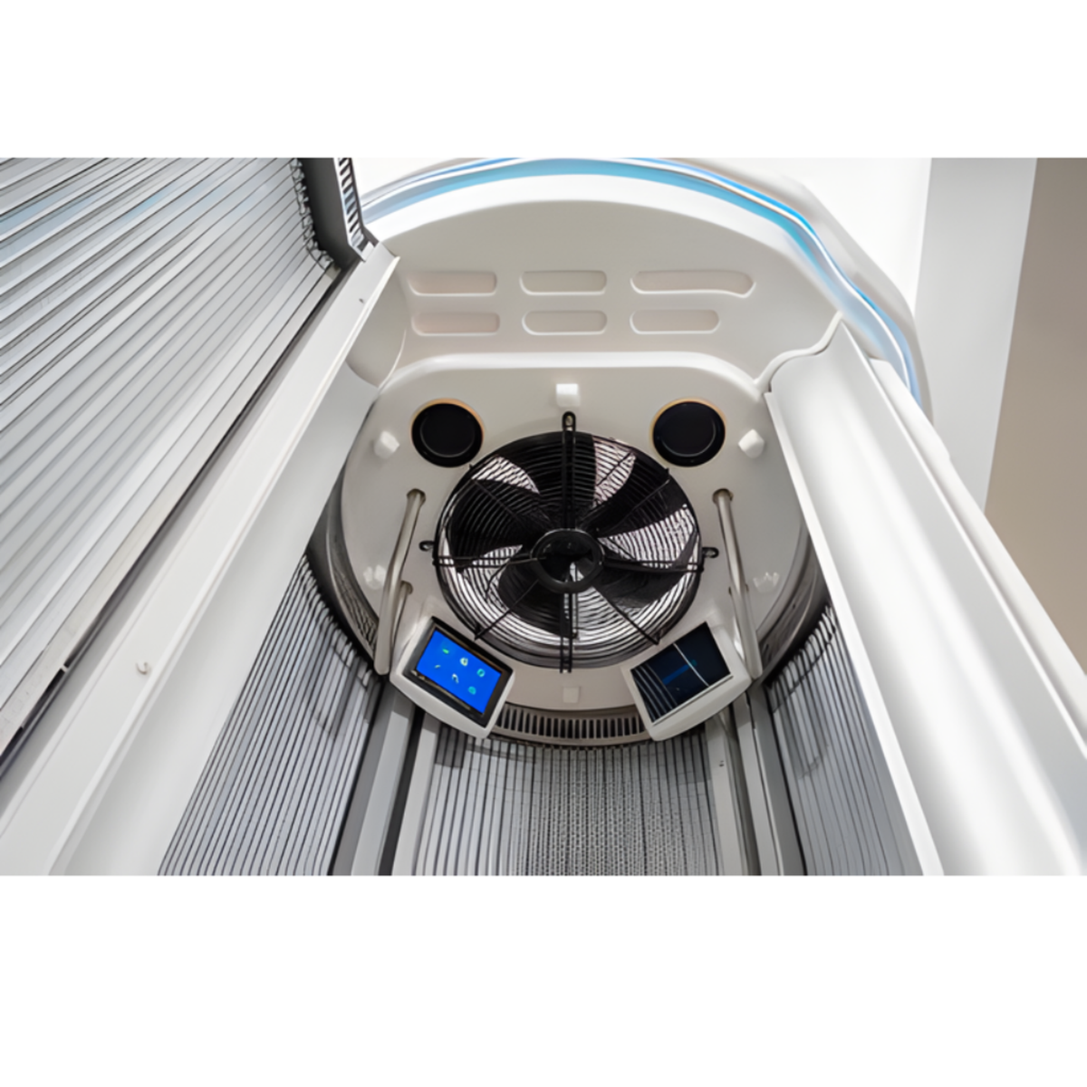 Merican M11 Stand-Up Whole-Body Red Light Therapy System – ceiling fan and control panel