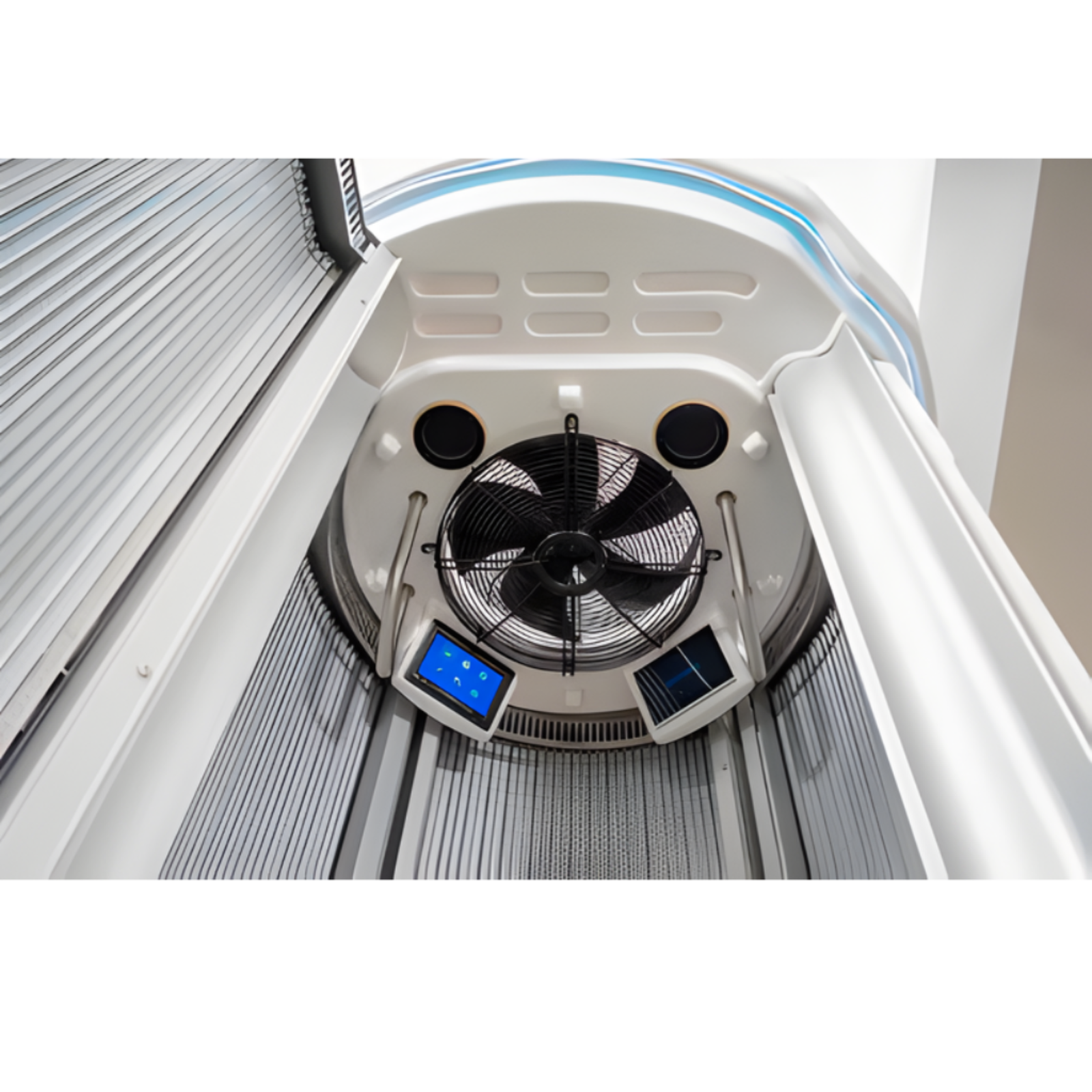 Merican M11 Stand-Up Whole-Body Red Light Therapy System – ceiling fan and control panel