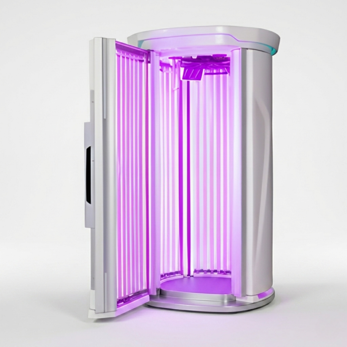 Merican M11 Stand-Up Whole-Body Red Light Therapy System – front with the door open glowing purple
