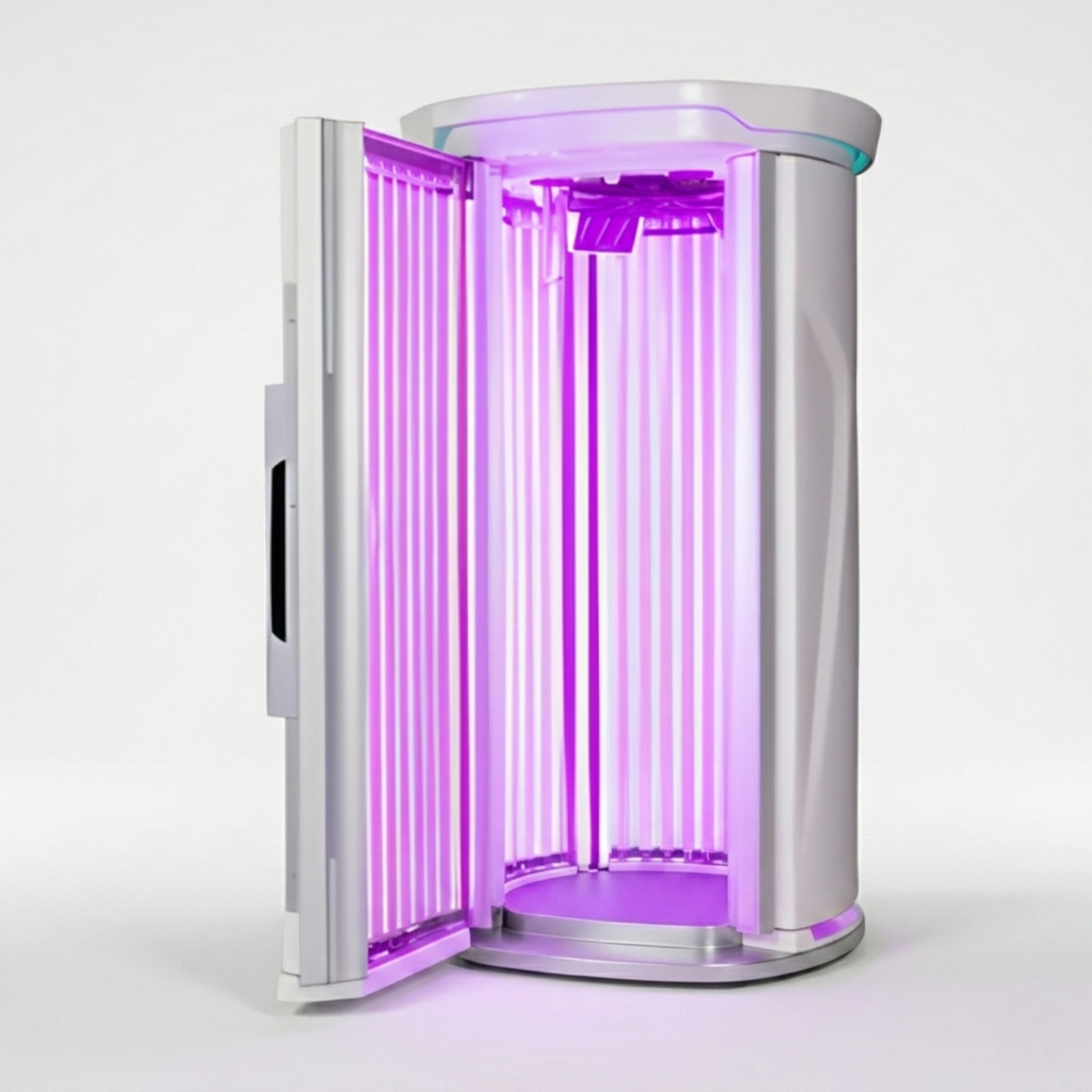 Merican M11 Stand-Up Whole-Body Red Light Therapy System – front with the door open glowing purple