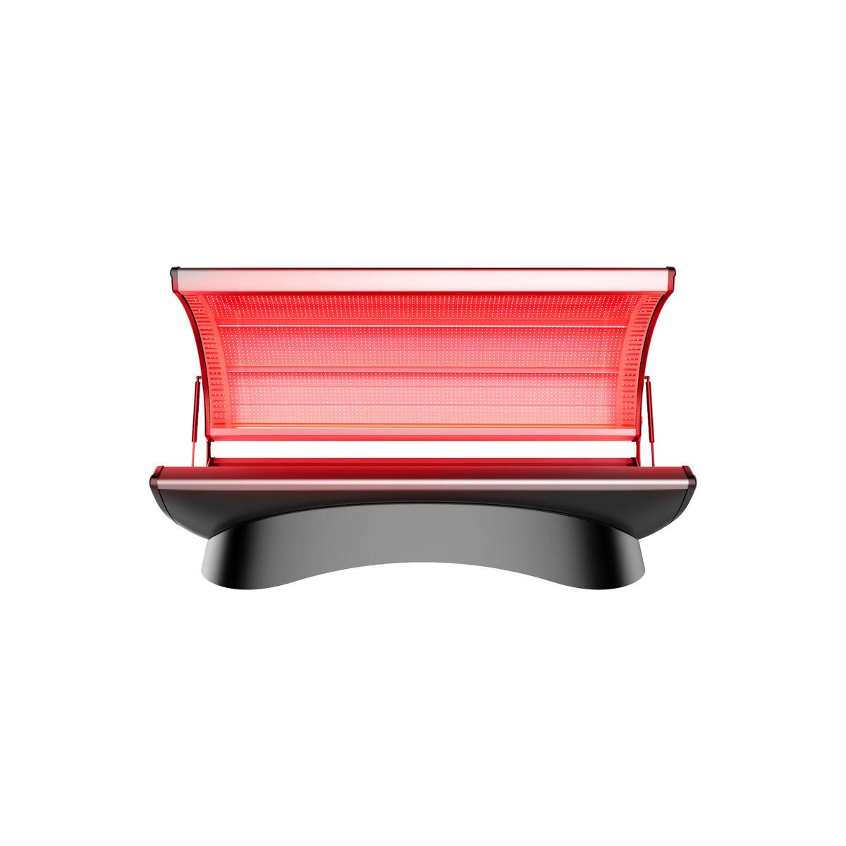 Merican M4N Whole-Body Red Light Therapy Bed – black bed with the canopy open and red lights on