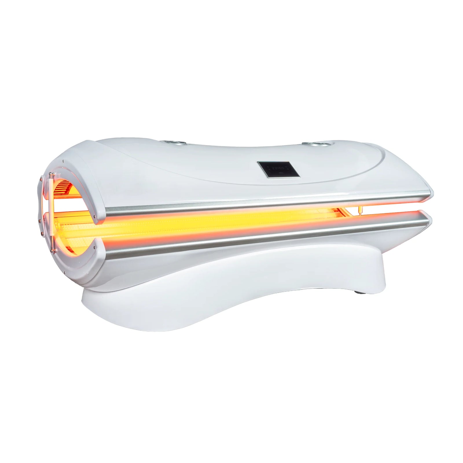 Merican M4N Whole-Body Red Light Therapy Bed – white bed end view with an amber glow