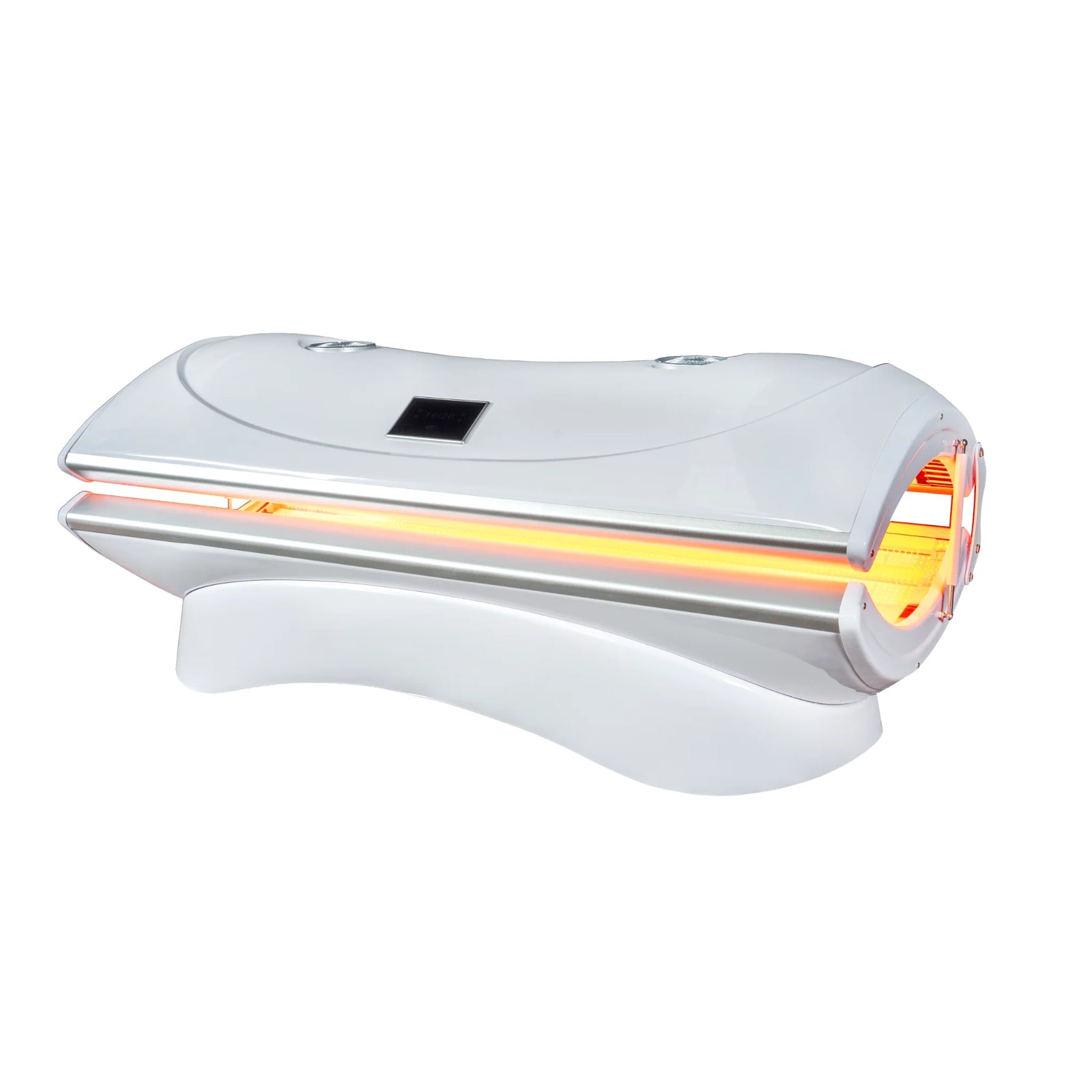 Merican M4N Whole-Body Red Light Therapy Bed – white bed partly open with an amber glow