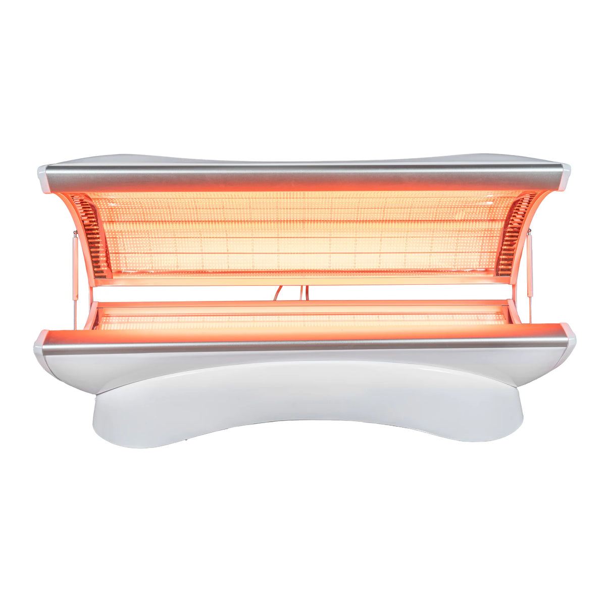 Merican M4N Whole-Body Red Light Therapy Bed – white bed with the canopy open and red lights on