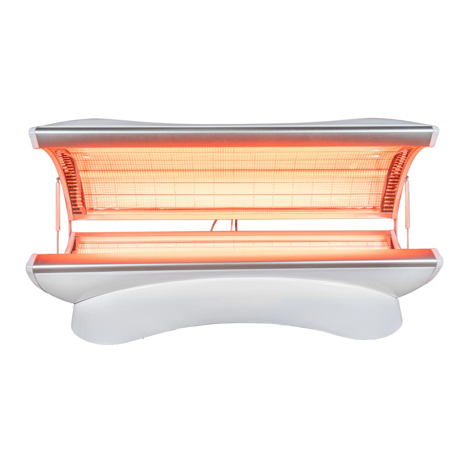 Merican M4N Whole-Body Red Light Therapy Bed – white bed with the canopy open and red lights on