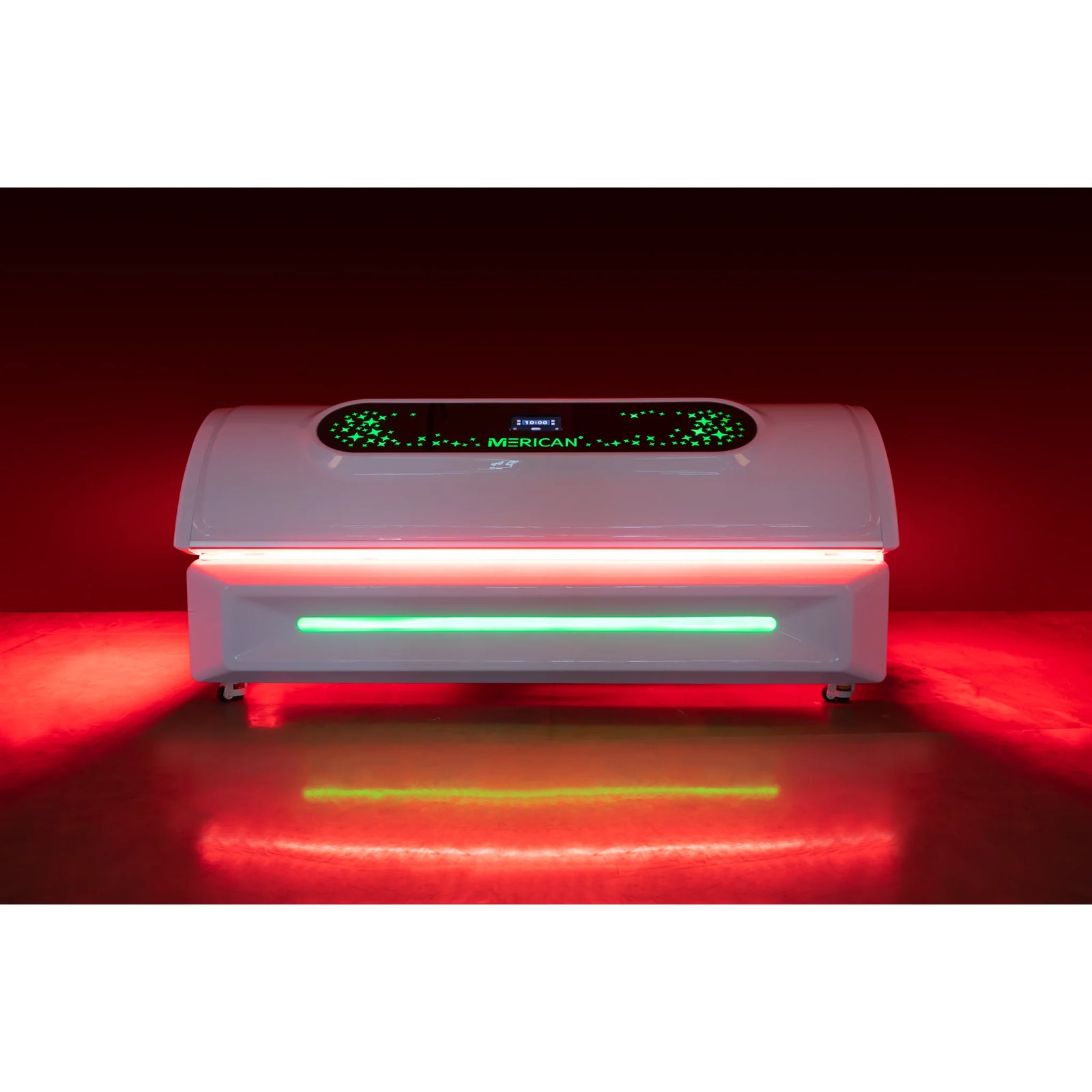 Merican M5 Whole-Body Red Light Therapy Bed – white bed with red light and a green light strip