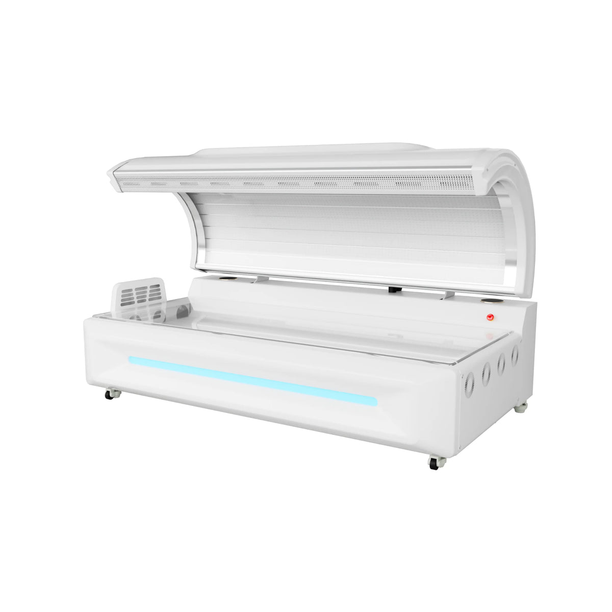 Merican M5 Whole-Body Red Light Therapy Bed – white bed with the canopy open and a light strip