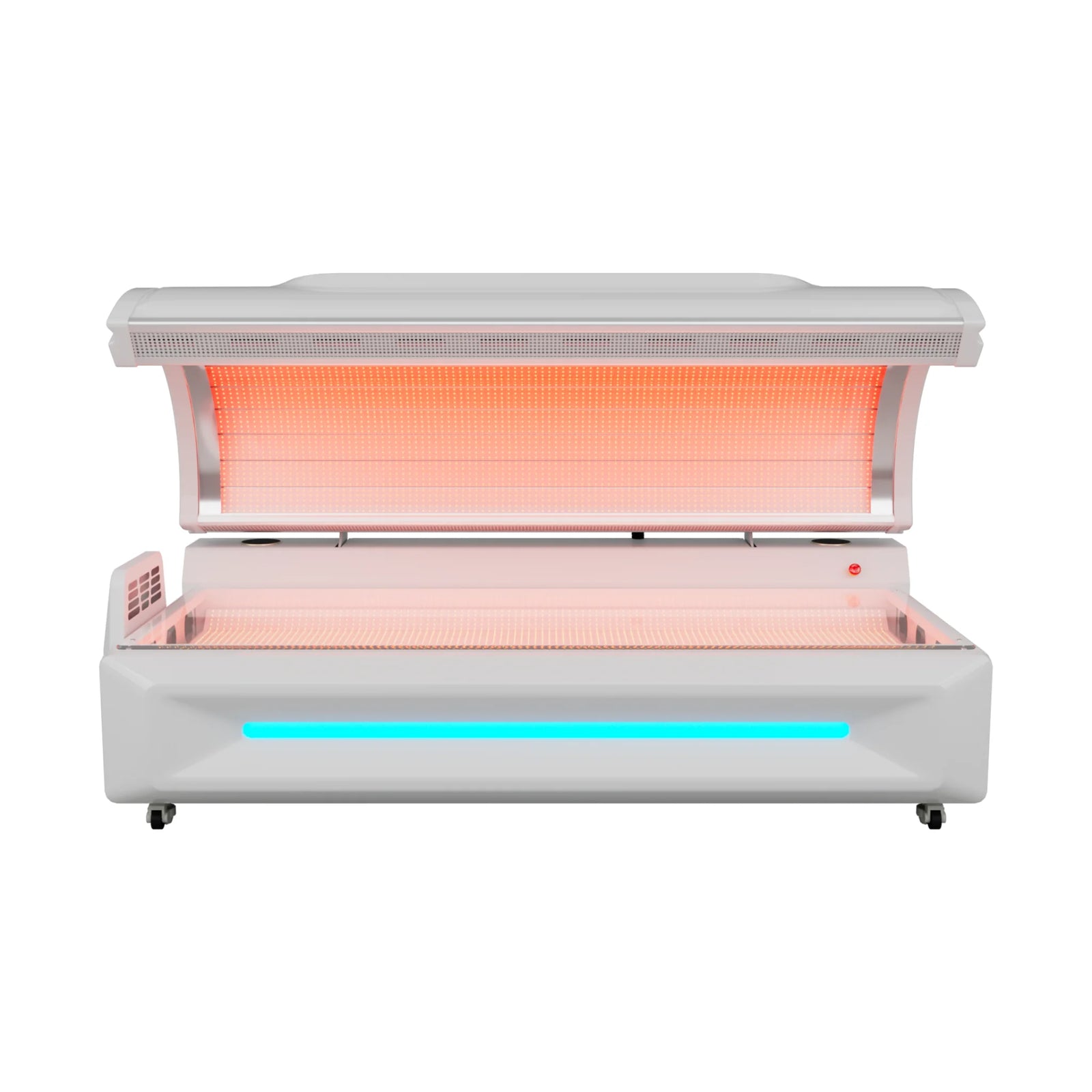 Merican M5 Whole-Body Red Light Therapy Bed – white bed with the canopy open and red lights on