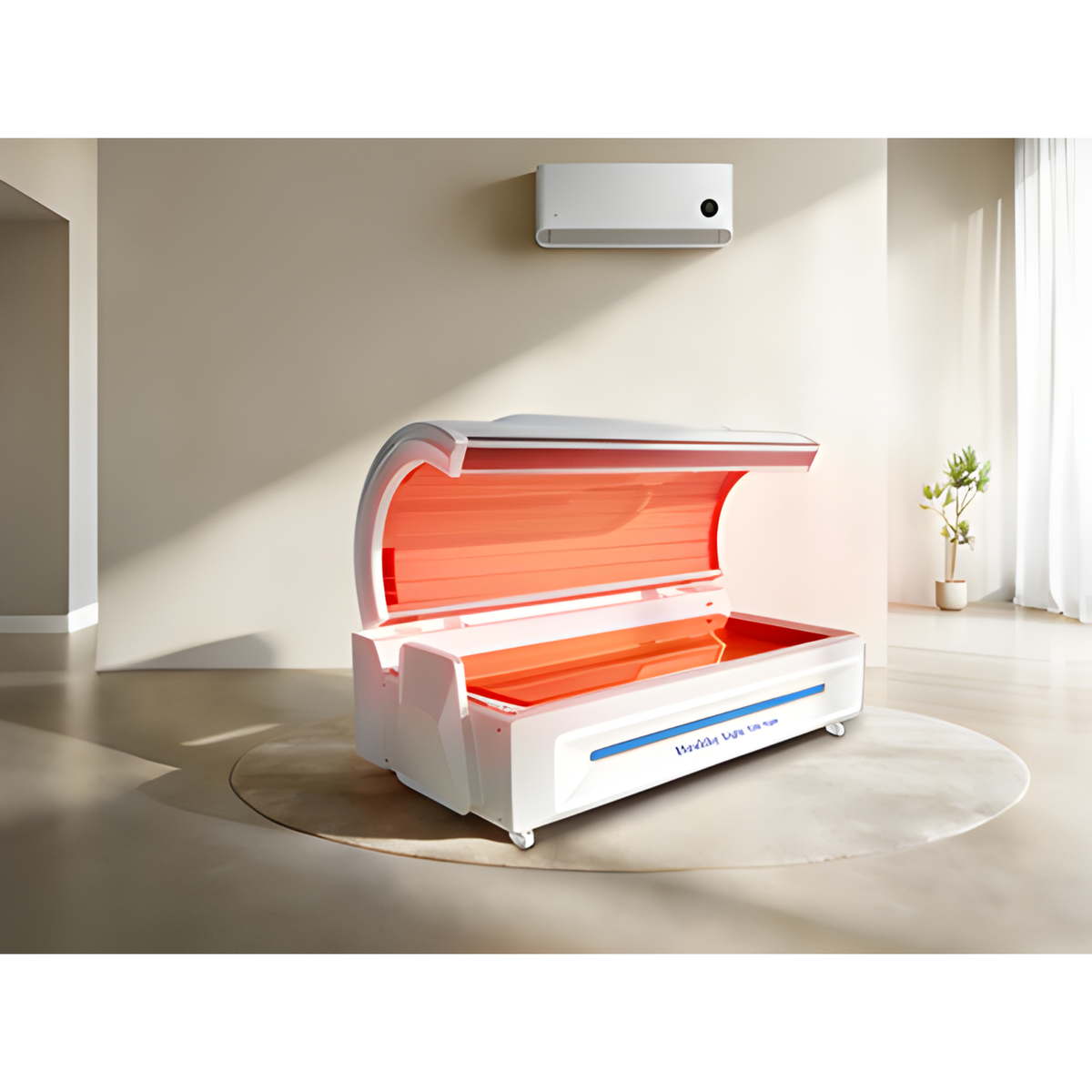 Merican M5 Whole-Body Red Light Therapy Bed – white bed with the canopy open in a bright room