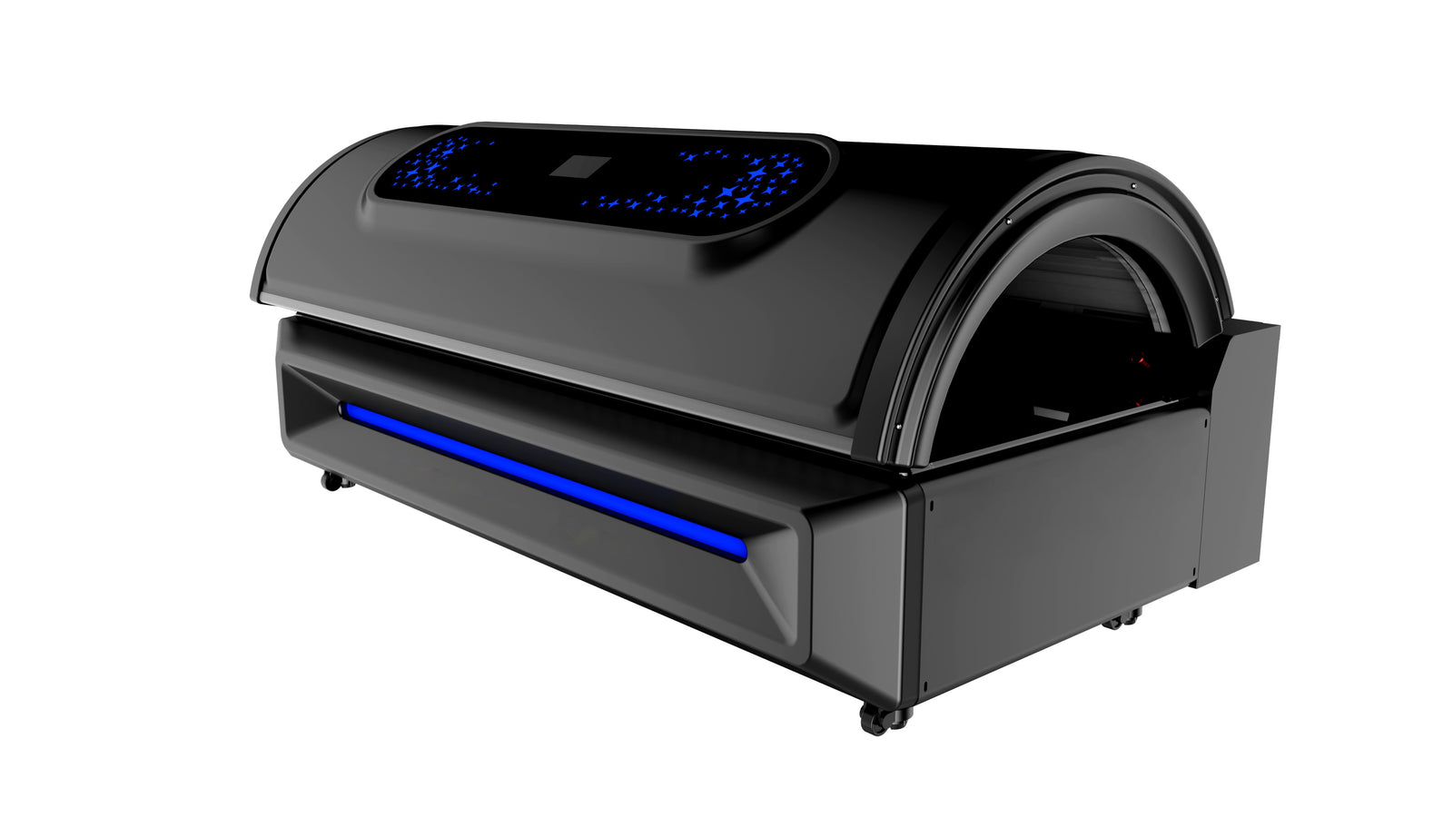 Merican M5N Plus whole-body red light therapy bed in Crystal Black, canopy closed, three-quarter view with display and blue light strip