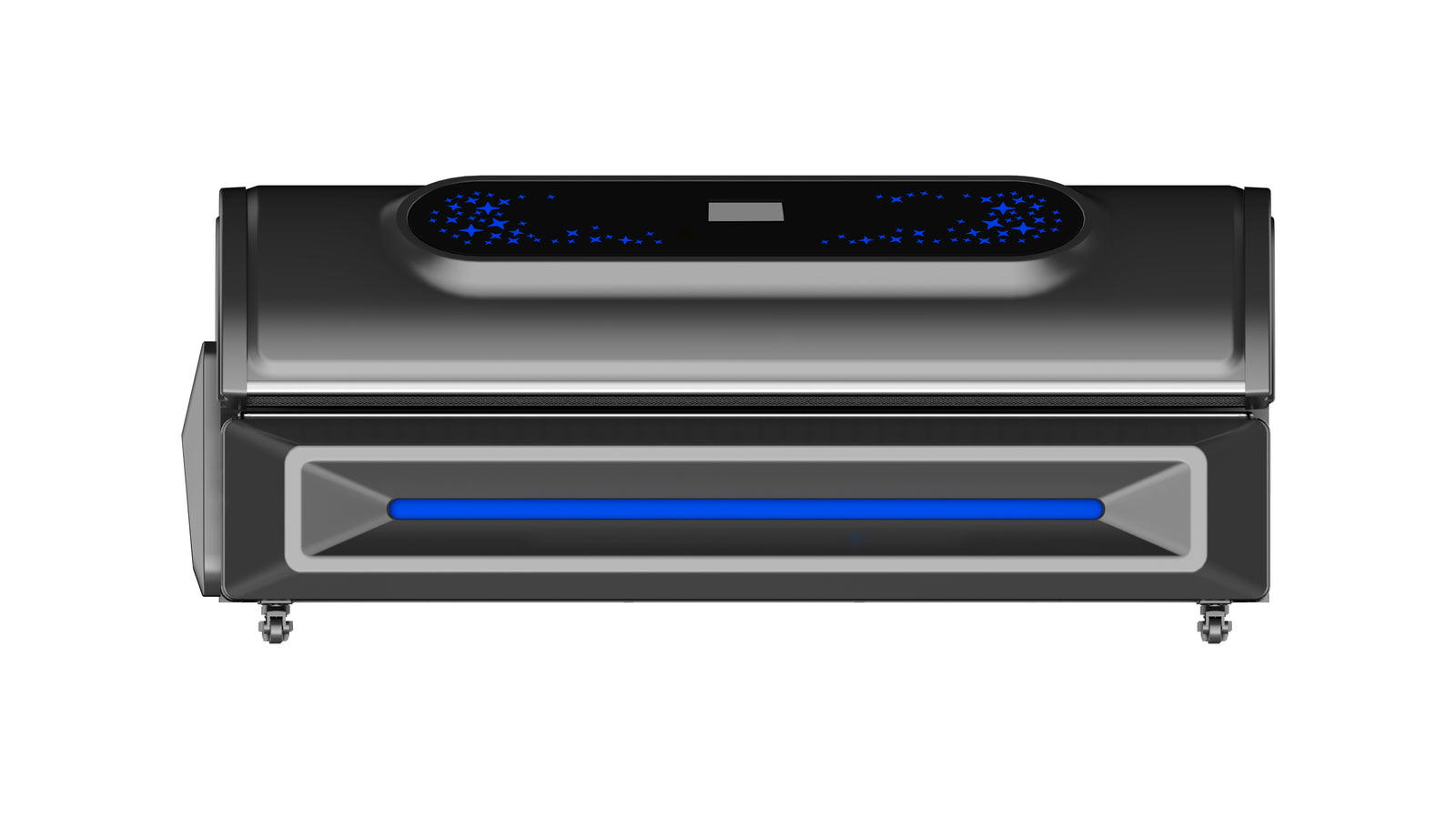 Merican M5N Plus whole-body red light therapy bed in Crystal Black, canopy closed, front view with display and blue light strip