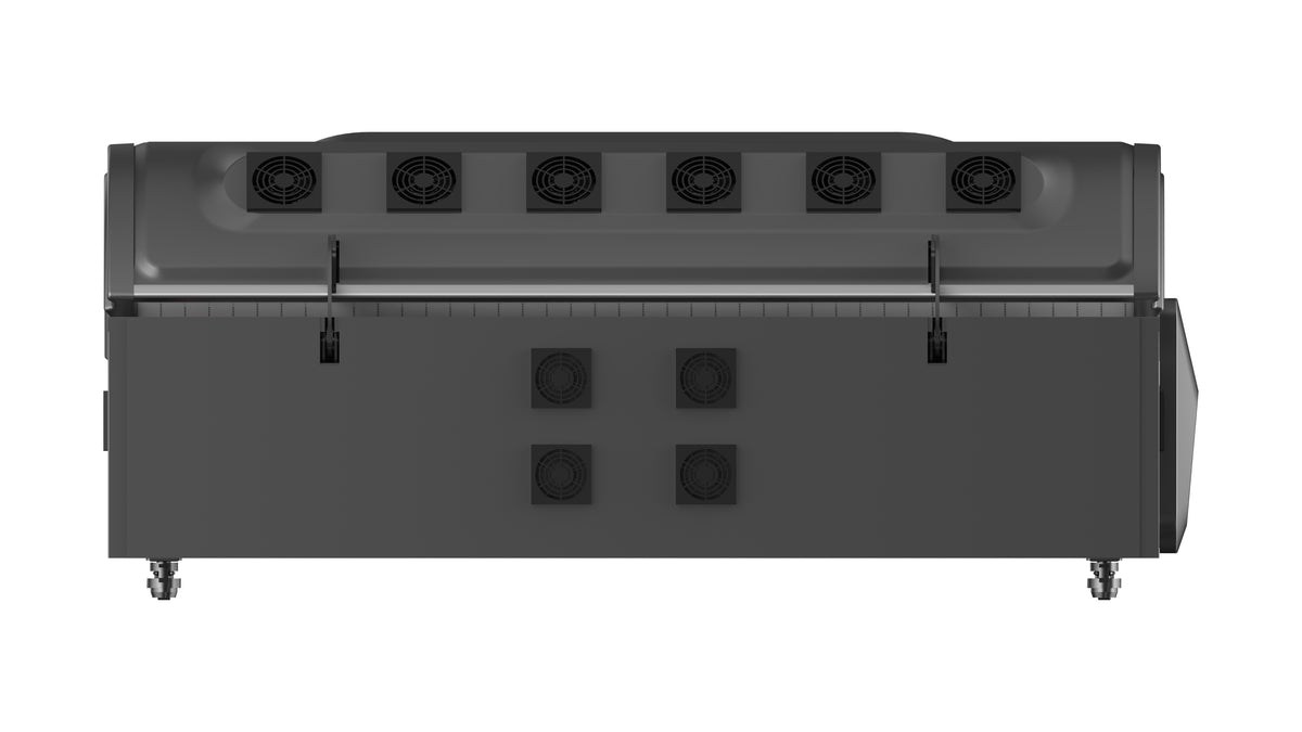 Merican M5N Plus whole-body red light therapy bed in Crystal Black, rear view showing cooling fans and caster wheels