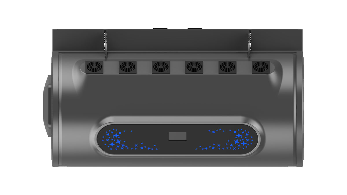 Merican M5N Plus whole-body red light therapy bed in Crystal Black, top view showing the control display and cooling fans