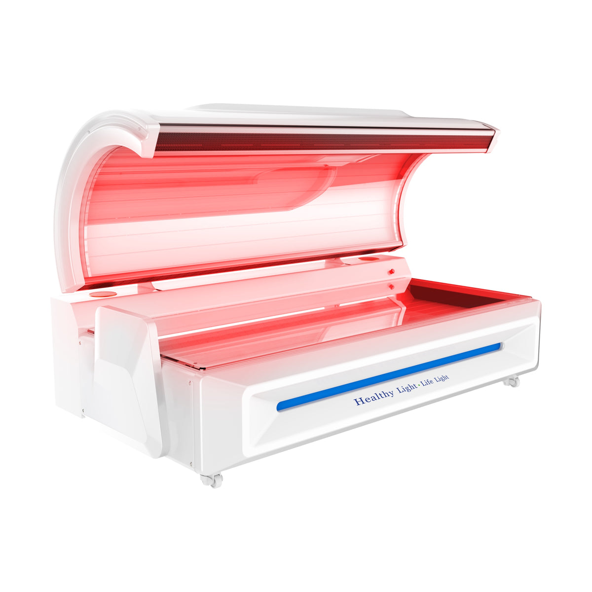 Merican M5N Plus whole-body red light therapy bed, Lunar White, open, three-quarter view