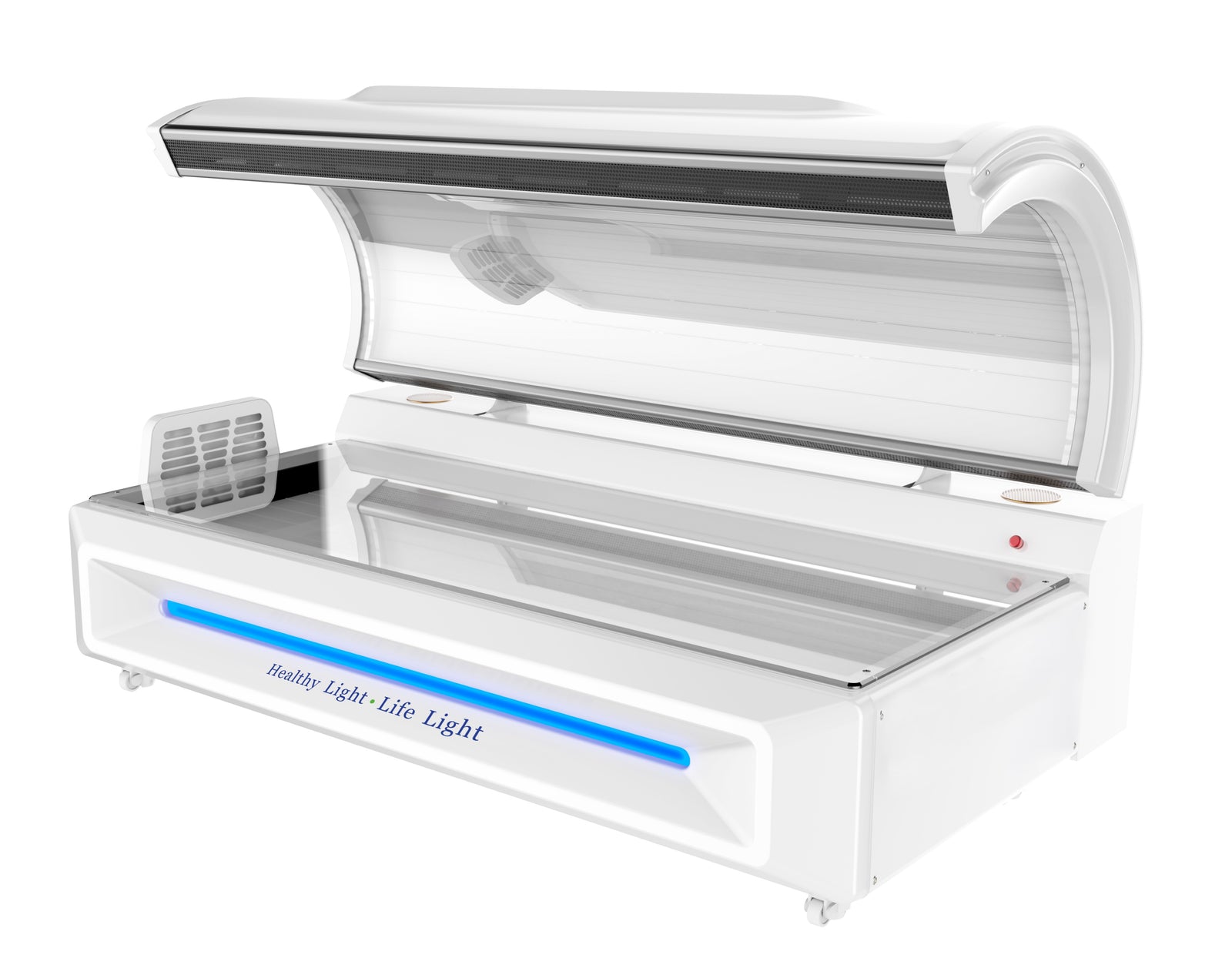 Merican M5N Plus whole-body red light therapy bed in Lunar White, canopy raised, lie-flat cabin and lamp panel, angled view