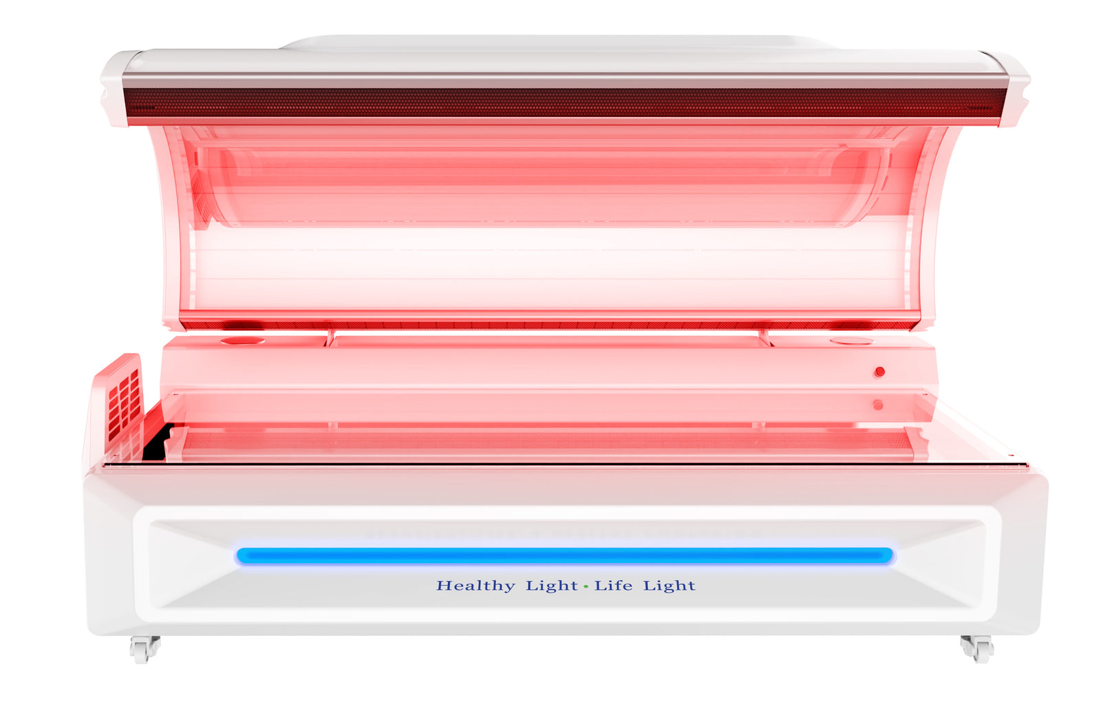 Merican M5N Plus whole-body red light therapy bed in Lunar White, canopy raised with red light on, straight front view