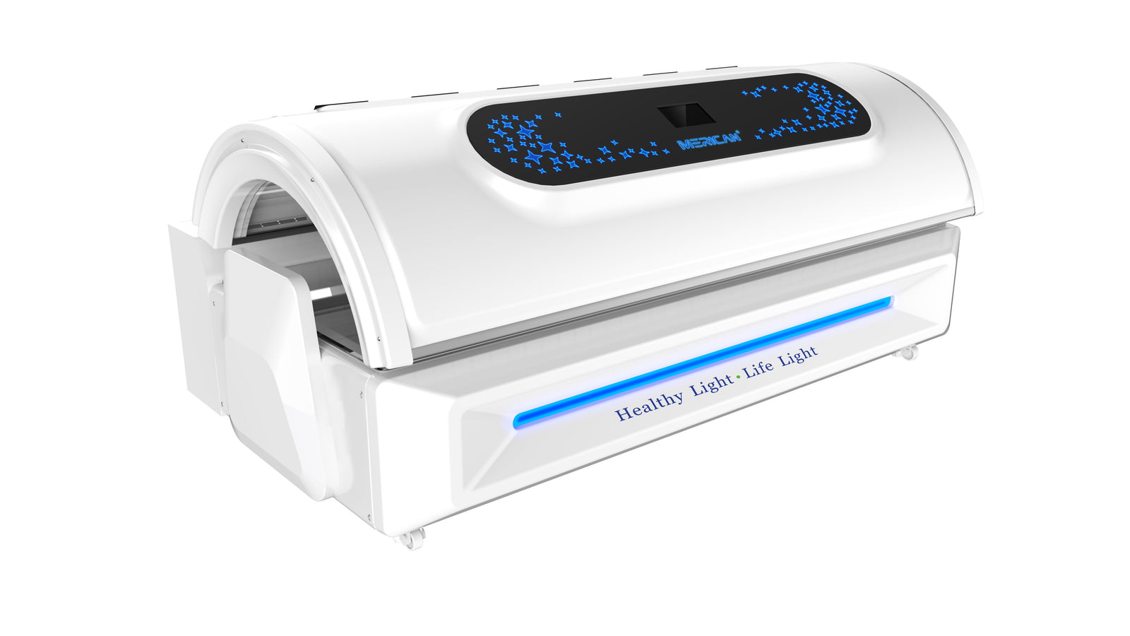 Merican M5N Plus whole-body red light therapy bed in Lunar White, canopy closed, angled view of the control display