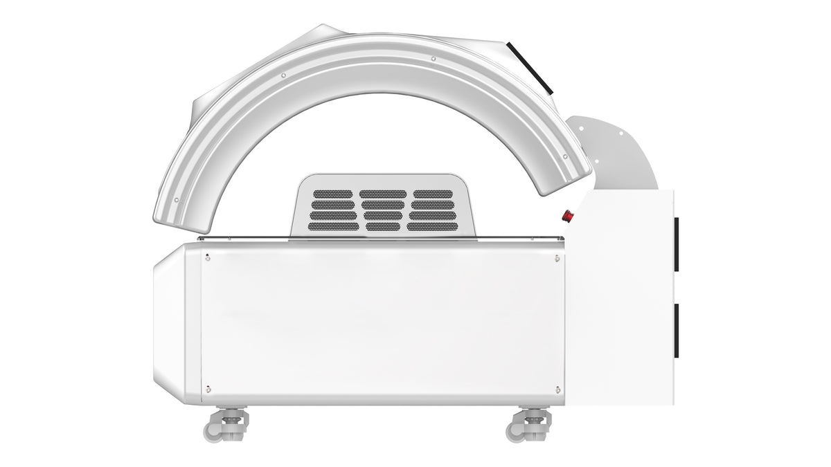 Merican M5N Plus whole-body red light therapy bed in Lunar White, side view with canopy raised, vents and caster wheels