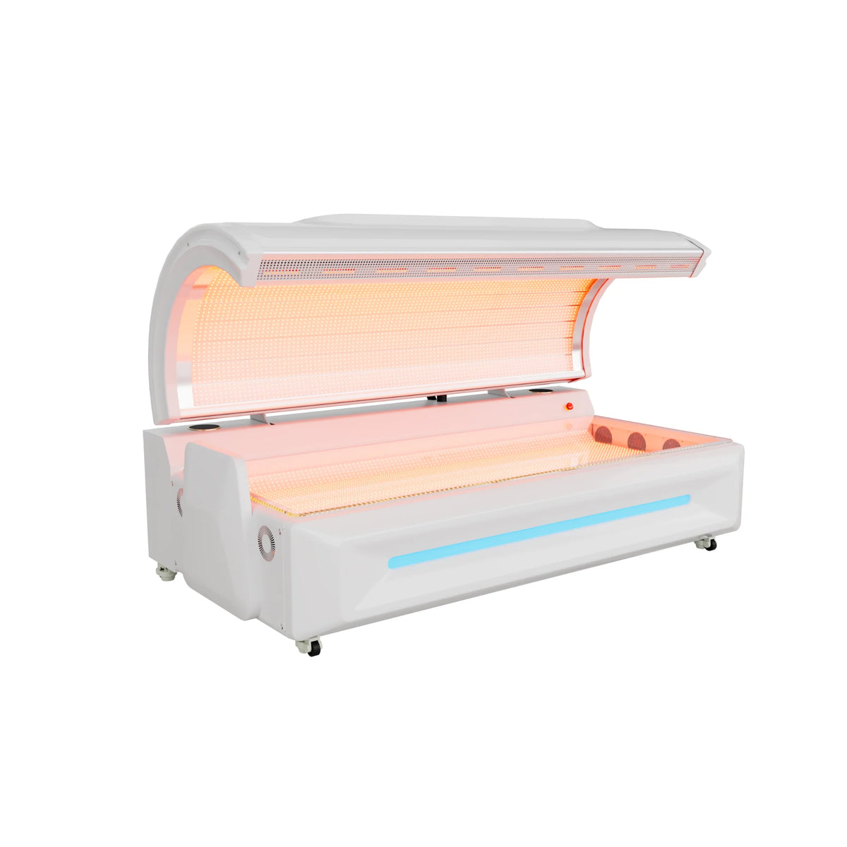 Merican M5N Plus Whole-Body Red Light Therapy Bed – white bed with the canopy open and a blue light strip
