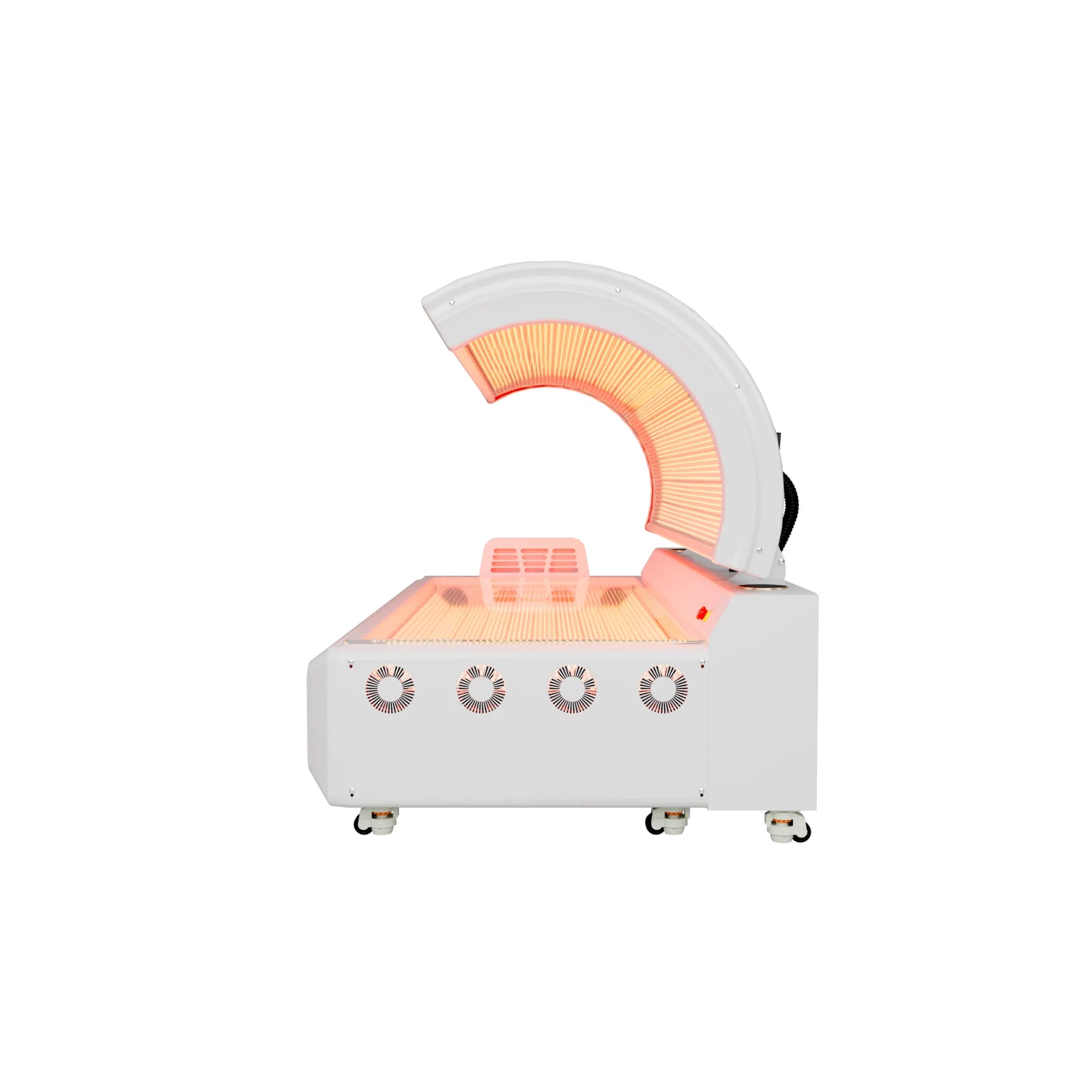 Merican M5N Plus Whole-Body Red Light Therapy Bed – white bed with the canopy raised and lights on
