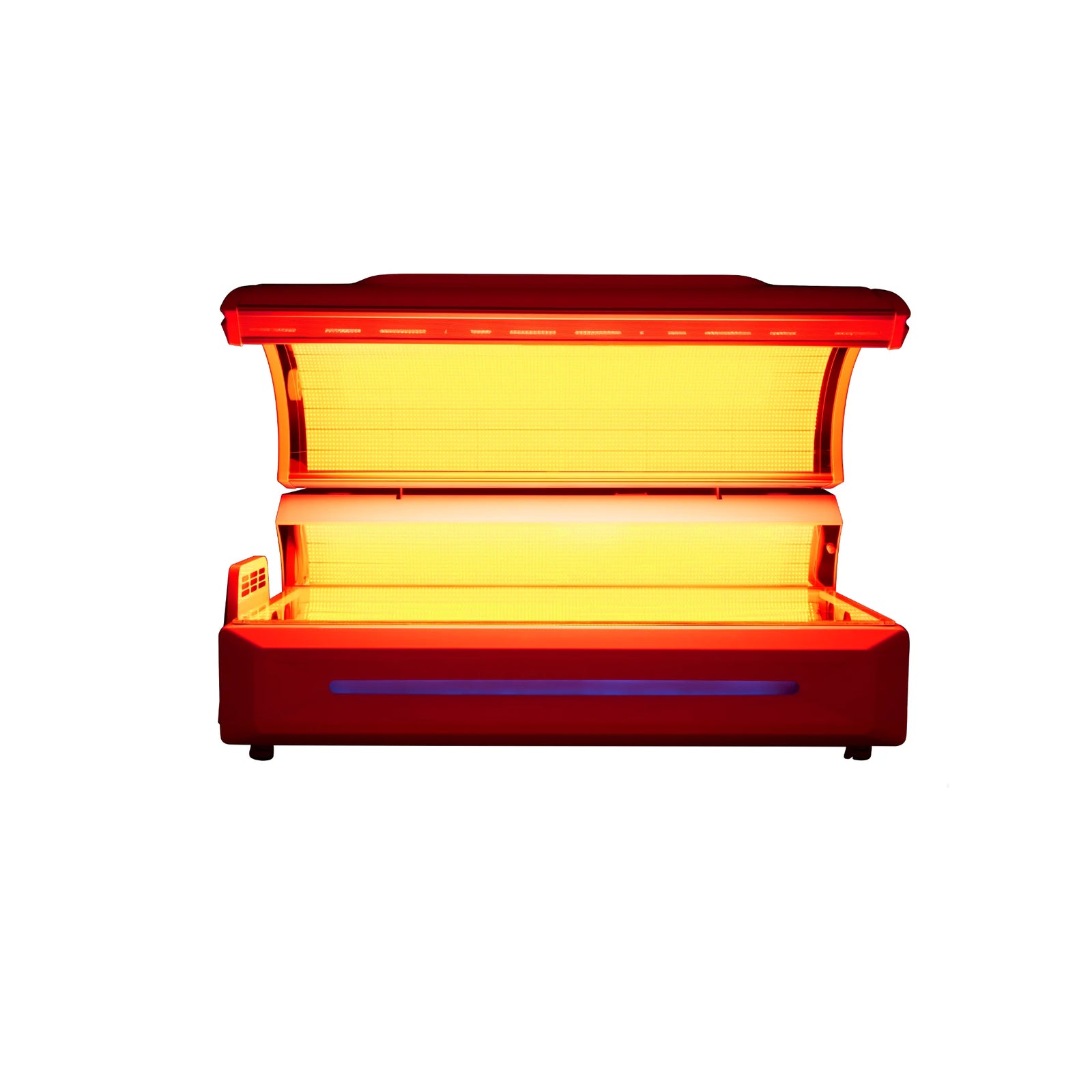 Merican M6N Plus Whole-Body Red Light Therapy Bed – bed with the canopy open and red lights on