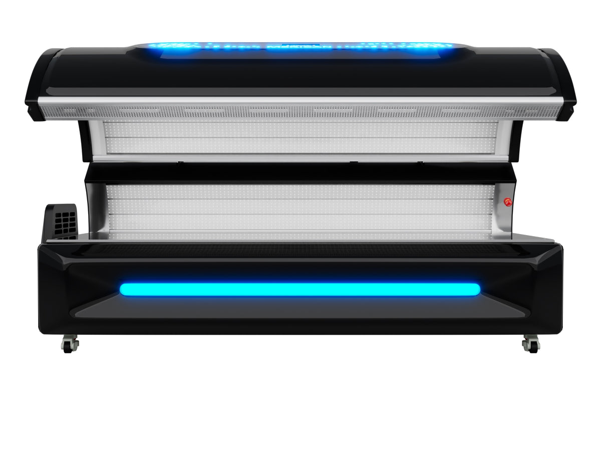 Merican M6N Plus Whole-Body Red Light Therapy Bed – Crystal Black bed with the canopy fully open, front view of the LED panels