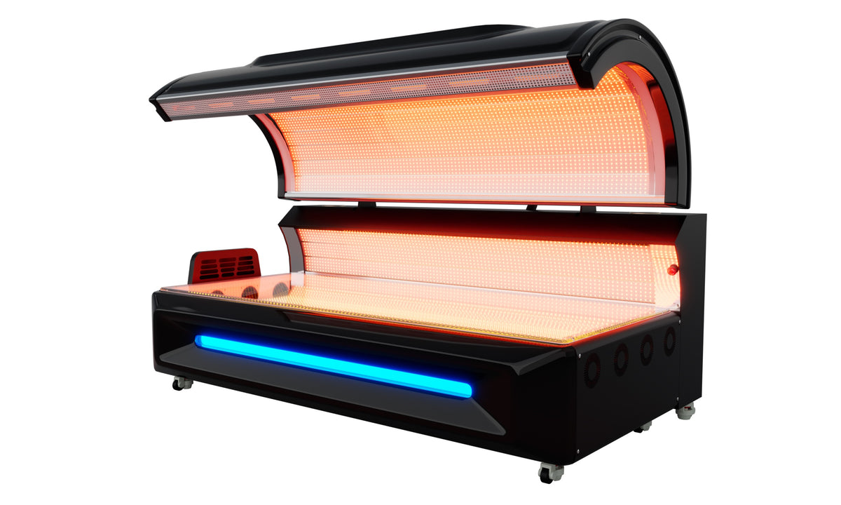 Merican M6N Plus Whole-Body Red Light Therapy Bed – Crystal Black bed with the canopy fully raised and red LEDs on, angled view