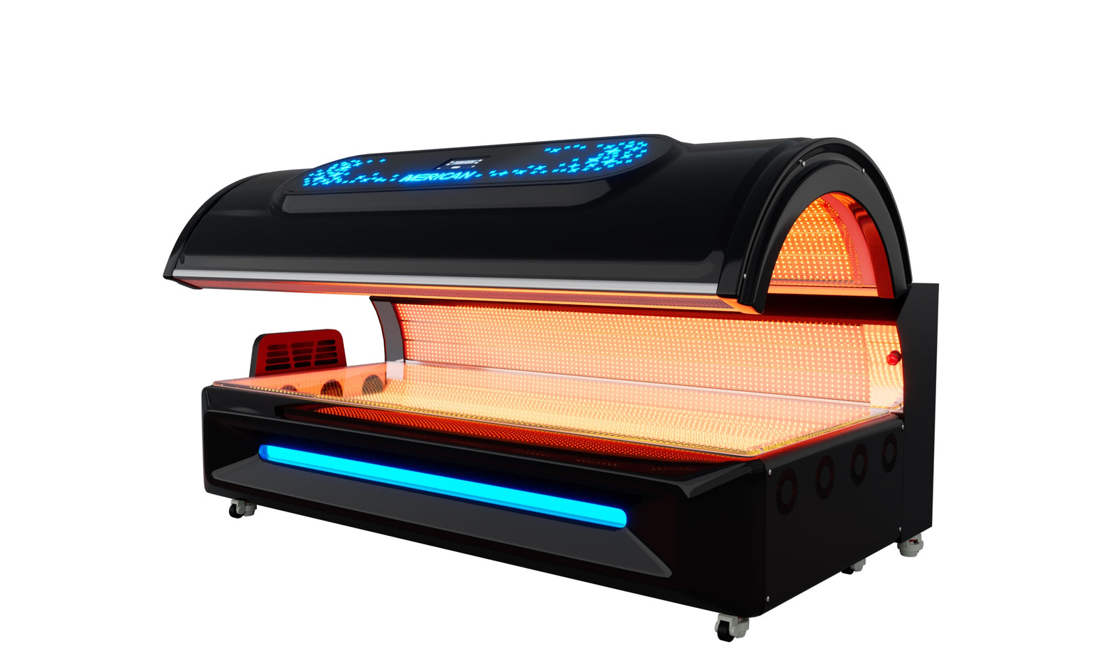 Merican M6N Plus Whole-Body Red Light Therapy Bed – Crystal Black bed with the canopy open and red LEDs on, angled view