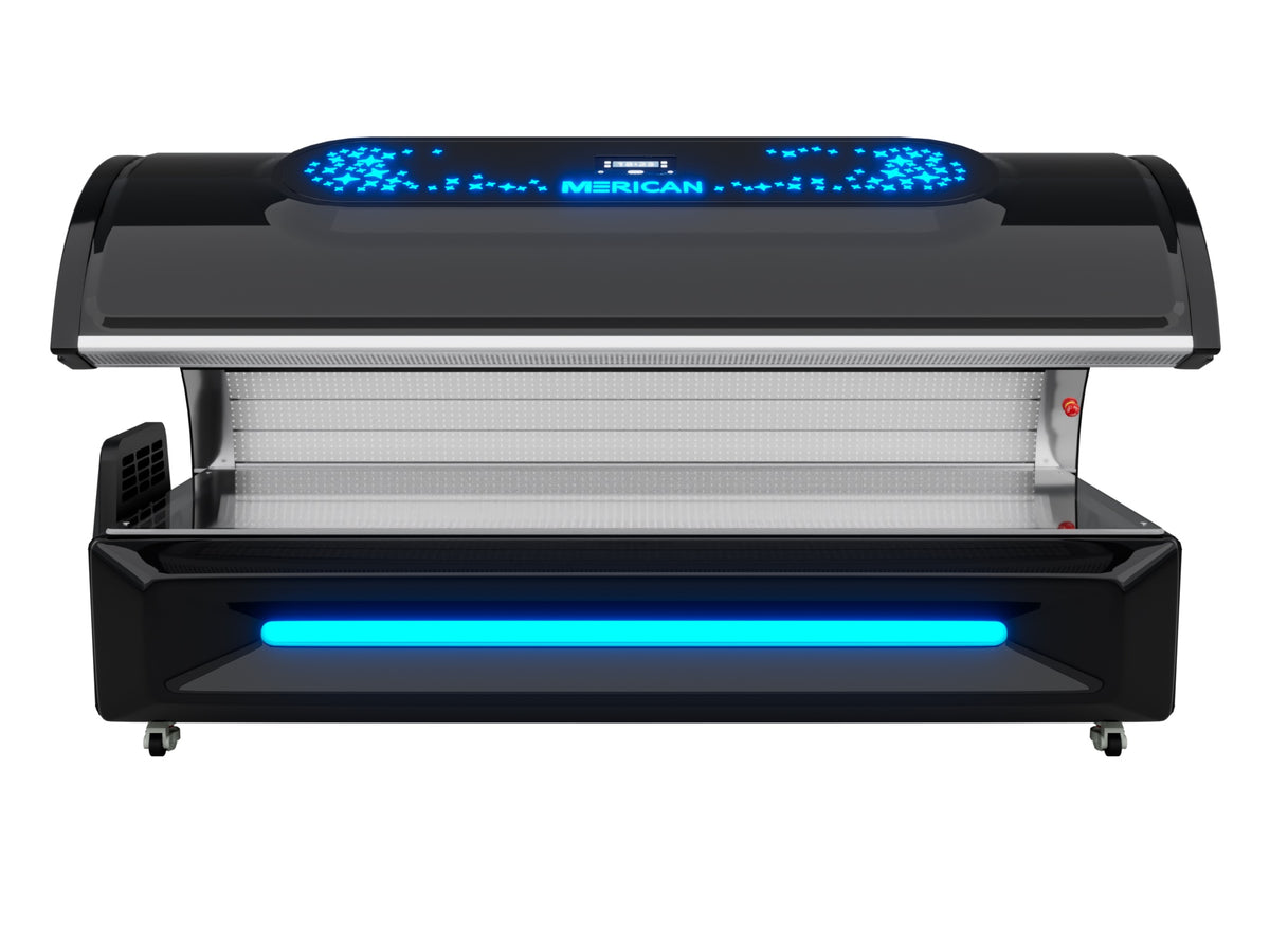 Merican M6N Plus Whole-Body Red Light Therapy Bed – Crystal Black bed, open canopy front view with blue-lit control display