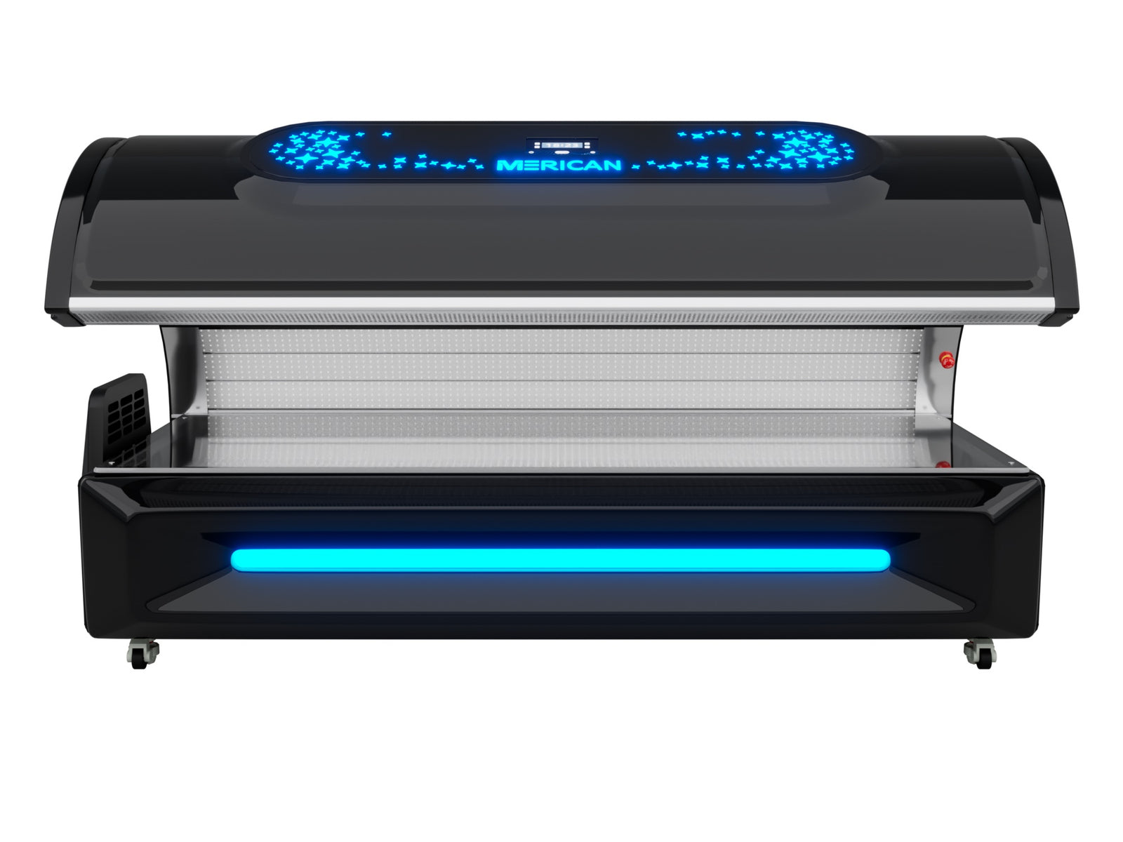 Merican M6N Plus Whole-Body Red Light Therapy Bed – Crystal Black bed, open canopy front view with blue-lit control display