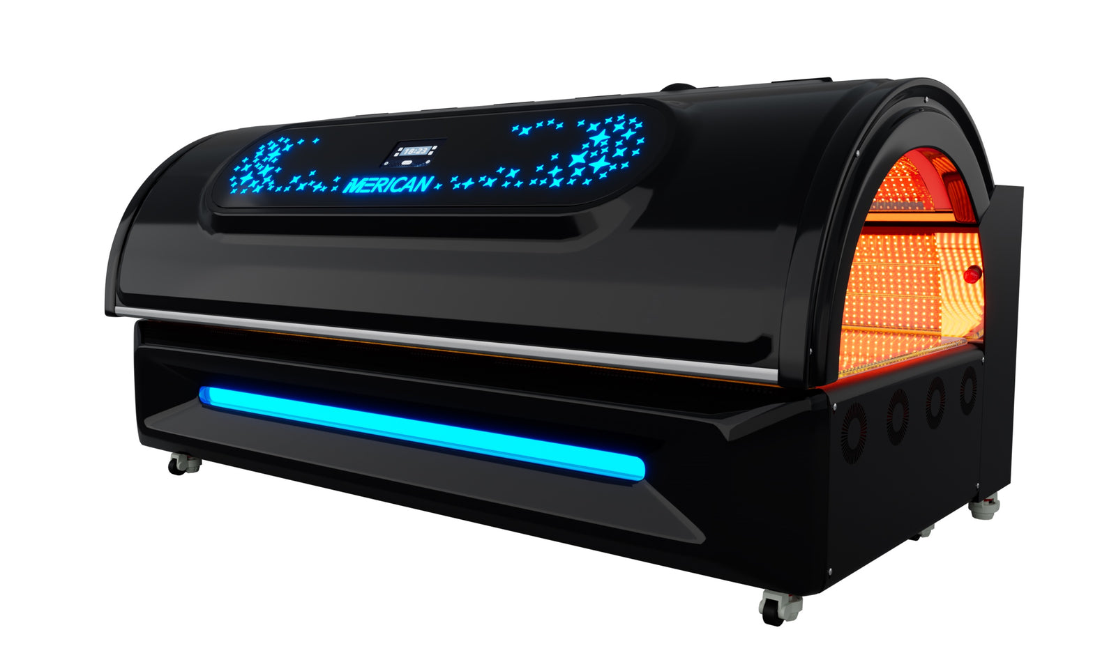 Merican M6N Plus Whole-Body Red Light Therapy Bed – Crystal Black bed closed, angled view with red light visible at the end opening