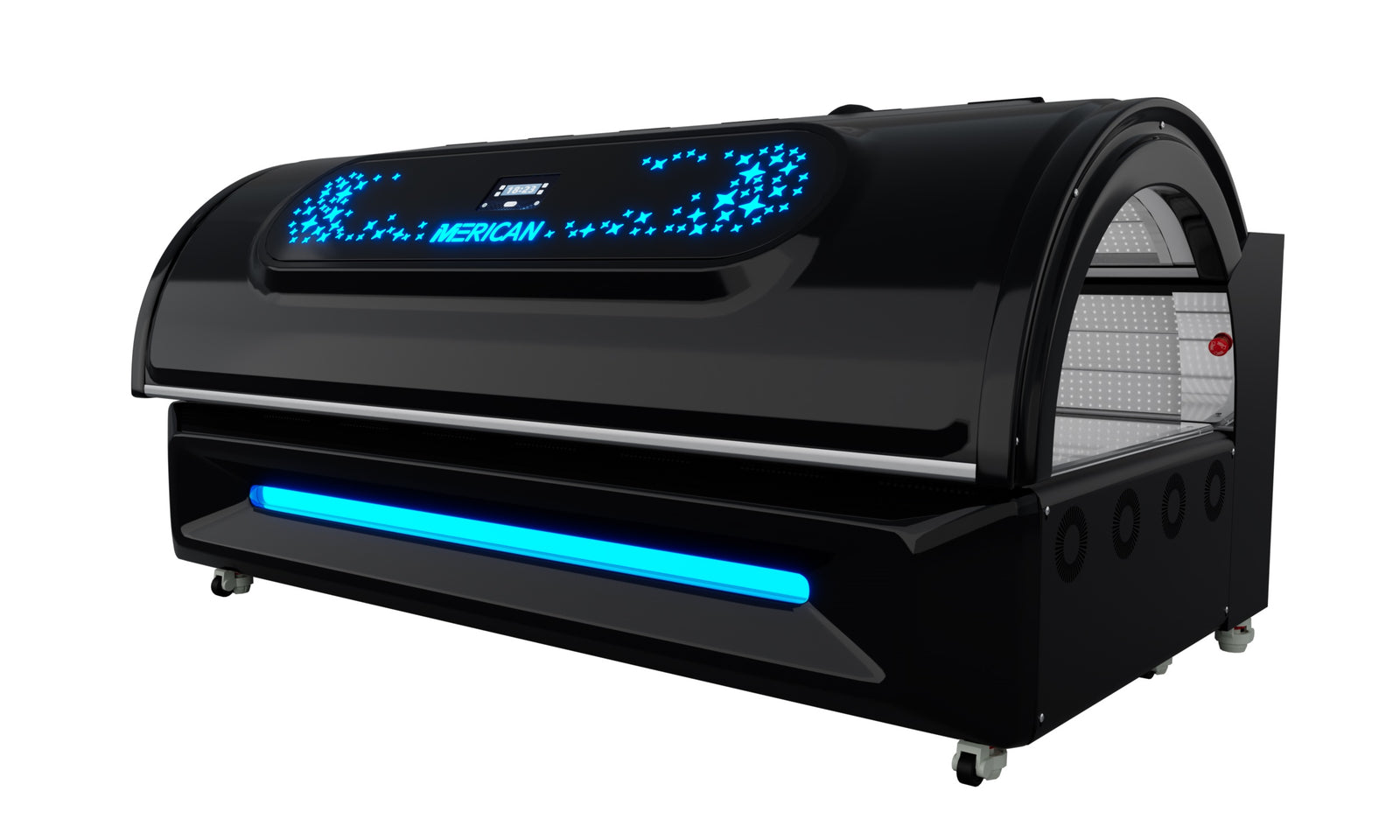 Merican M6N Plus Whole-Body Red Light Therapy Bed – Crystal Black bed closed, angled view of the canopy and control display