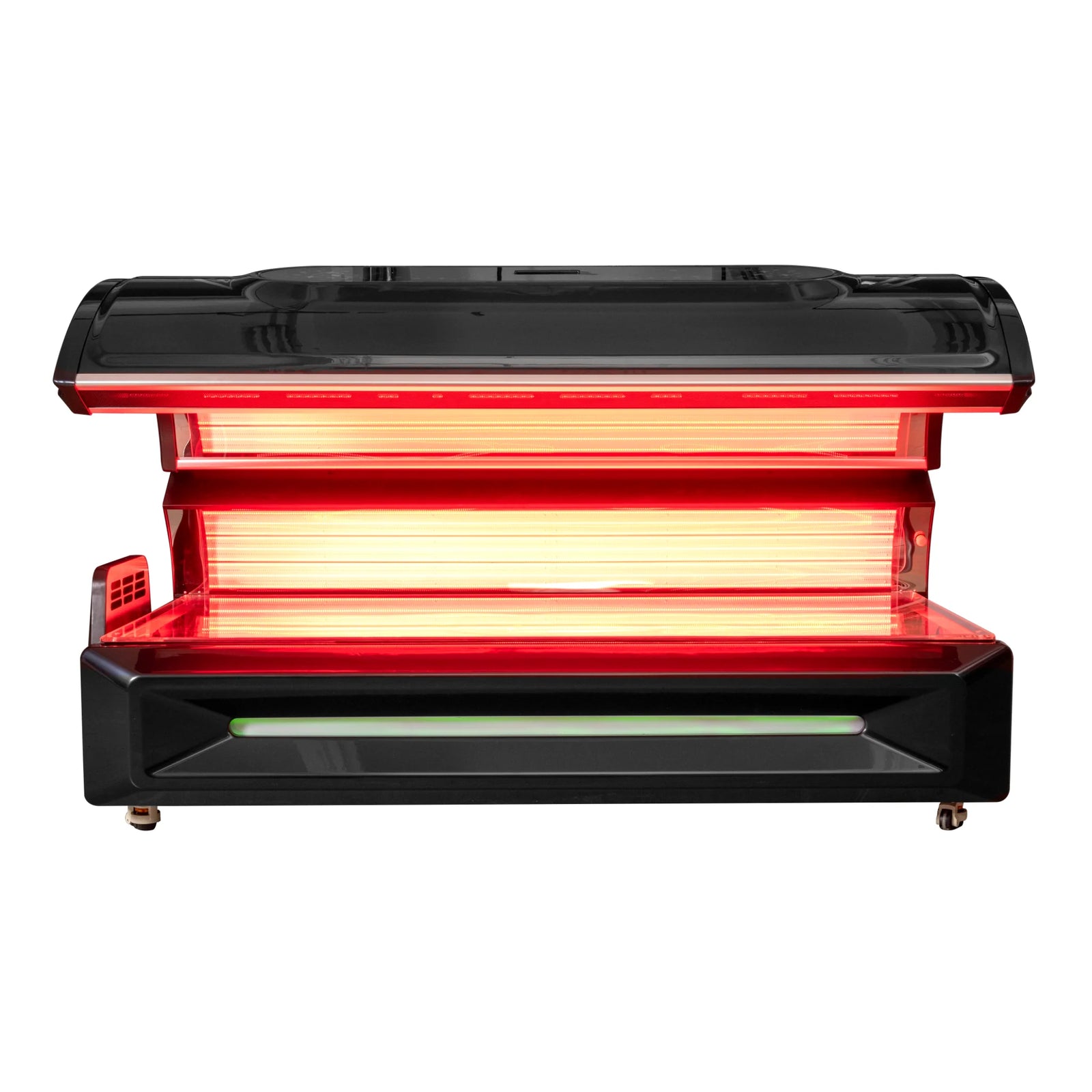 Merican M6N Plus Whole-Body Red Light Therapy Bed – black bed with the canopy open and lights on