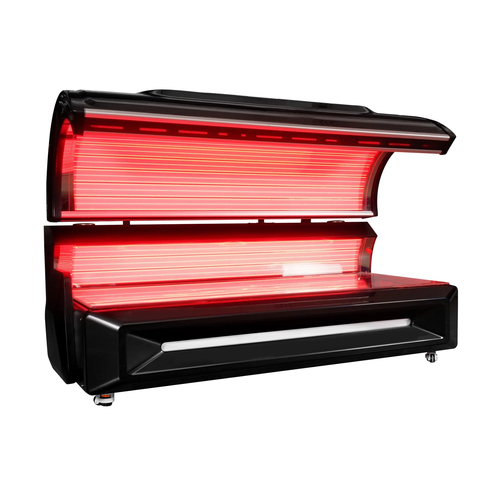 Merican M6N Plus Whole-Body Red Light Therapy Bed – black bed with the canopy open and red lights on