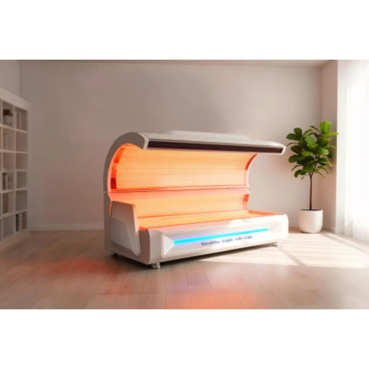 Merican M6N Plus Whole-Body Red Light Therapy Bed – white bed in a bright room with a plant