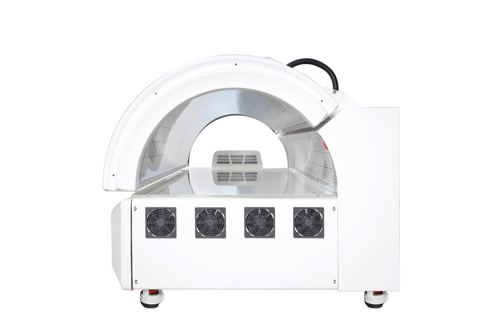 Merican M6N Plus Whole-Body Red Light Therapy Bed – Lunar White bed, side view showing four cooling fans and wheels