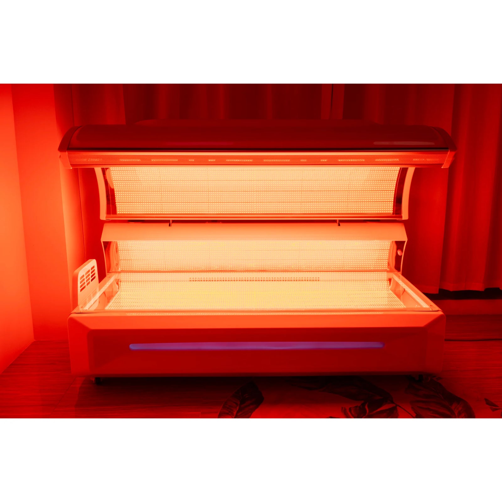 Merican M6N Plus Whole-Body Red Light Therapy Bed – white bed with the canopy open and deep red lights