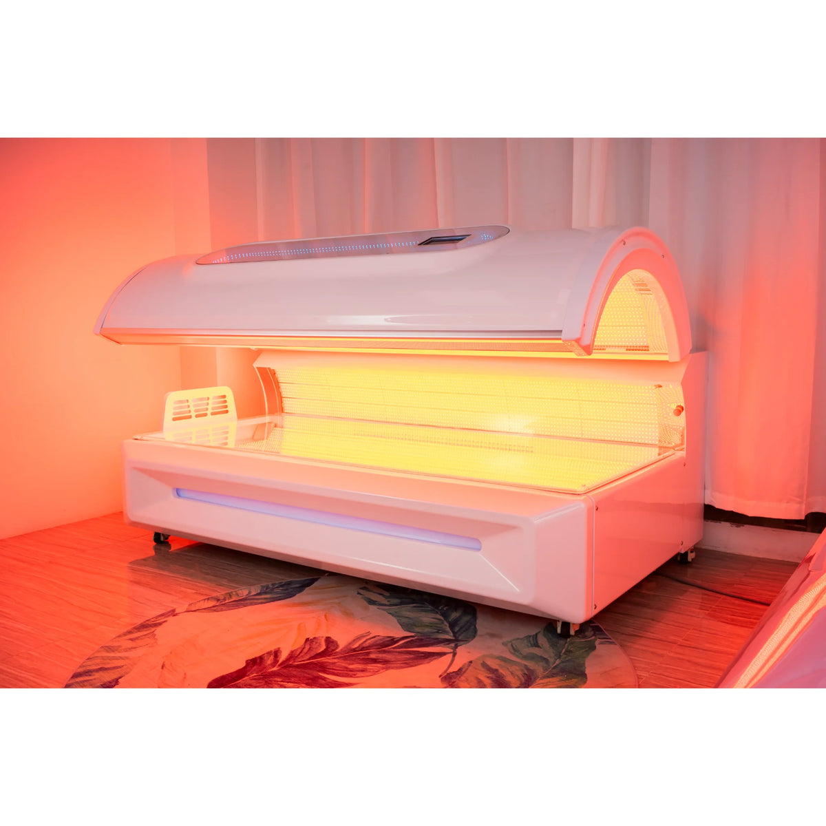 Merican M6N Plus Whole-Body Red Light Therapy Bed – white bed with the canopy open in a bedroom