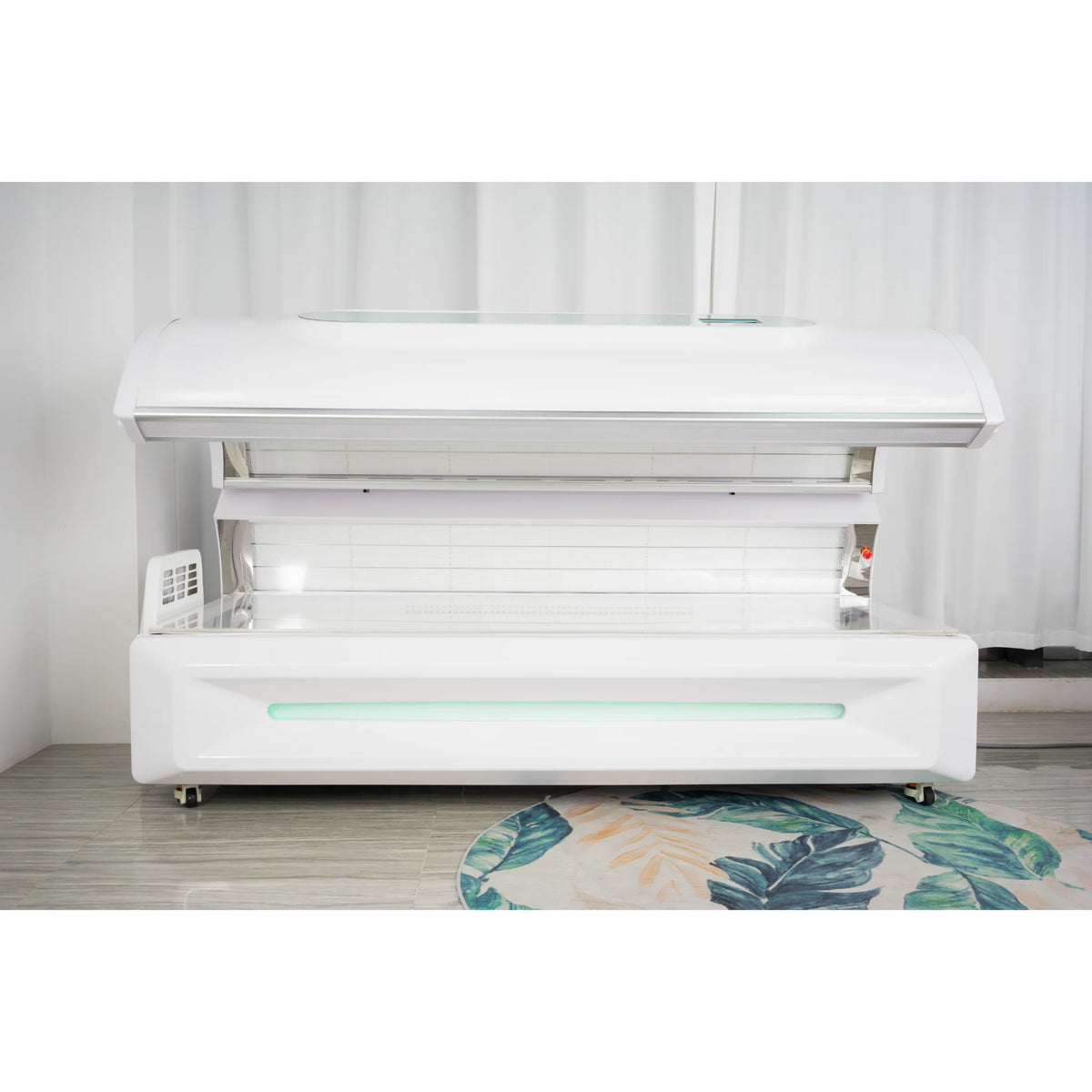 Merican M6N Plus Whole-Body Red Light Therapy Bed – white bed with the canopy open in a room