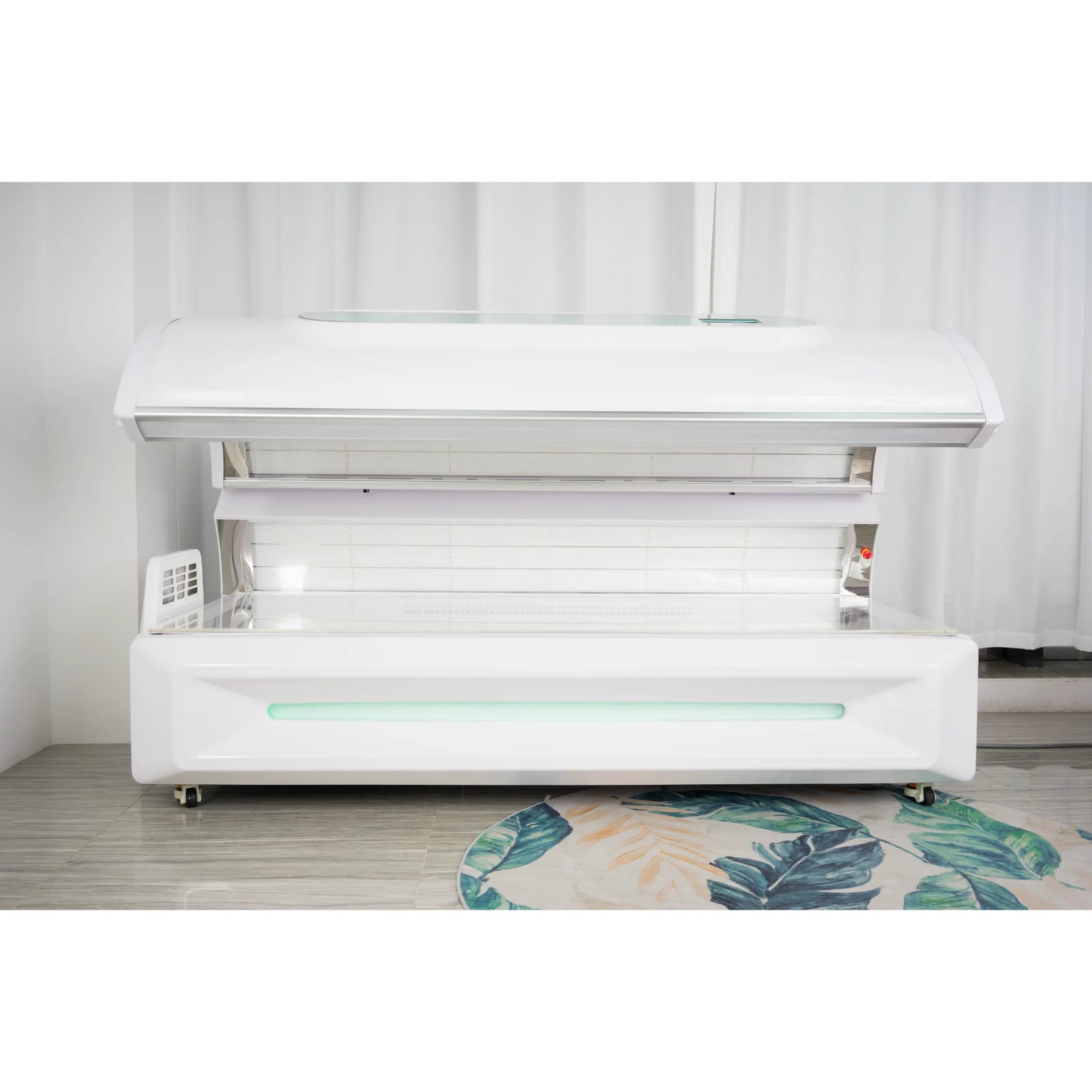 Merican M6N Plus Whole-Body Red Light Therapy Bed – white bed with the canopy open in a room