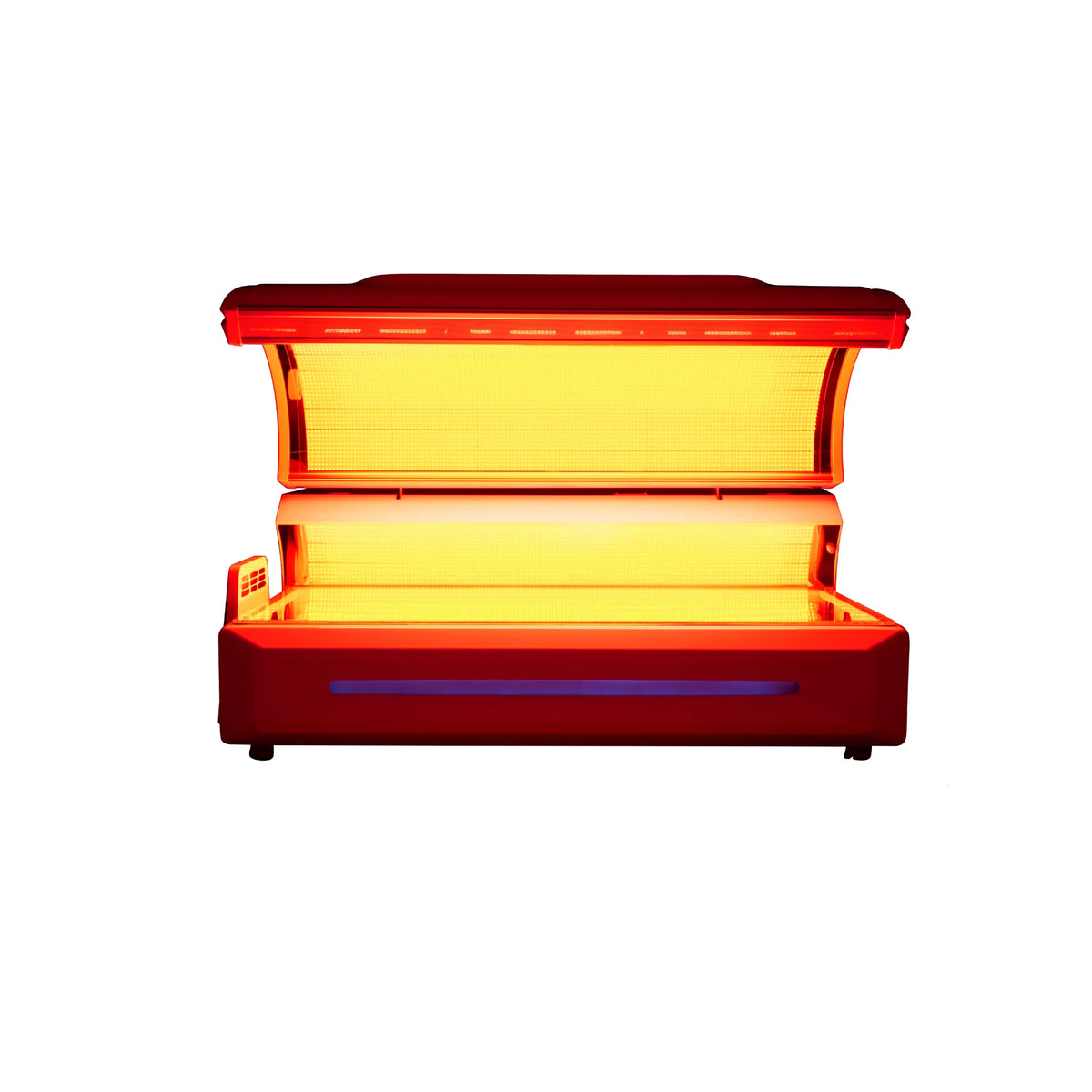 Merican M6N Whole-Body Red Light Therapy Bed – bed with the canopy open and red lights on