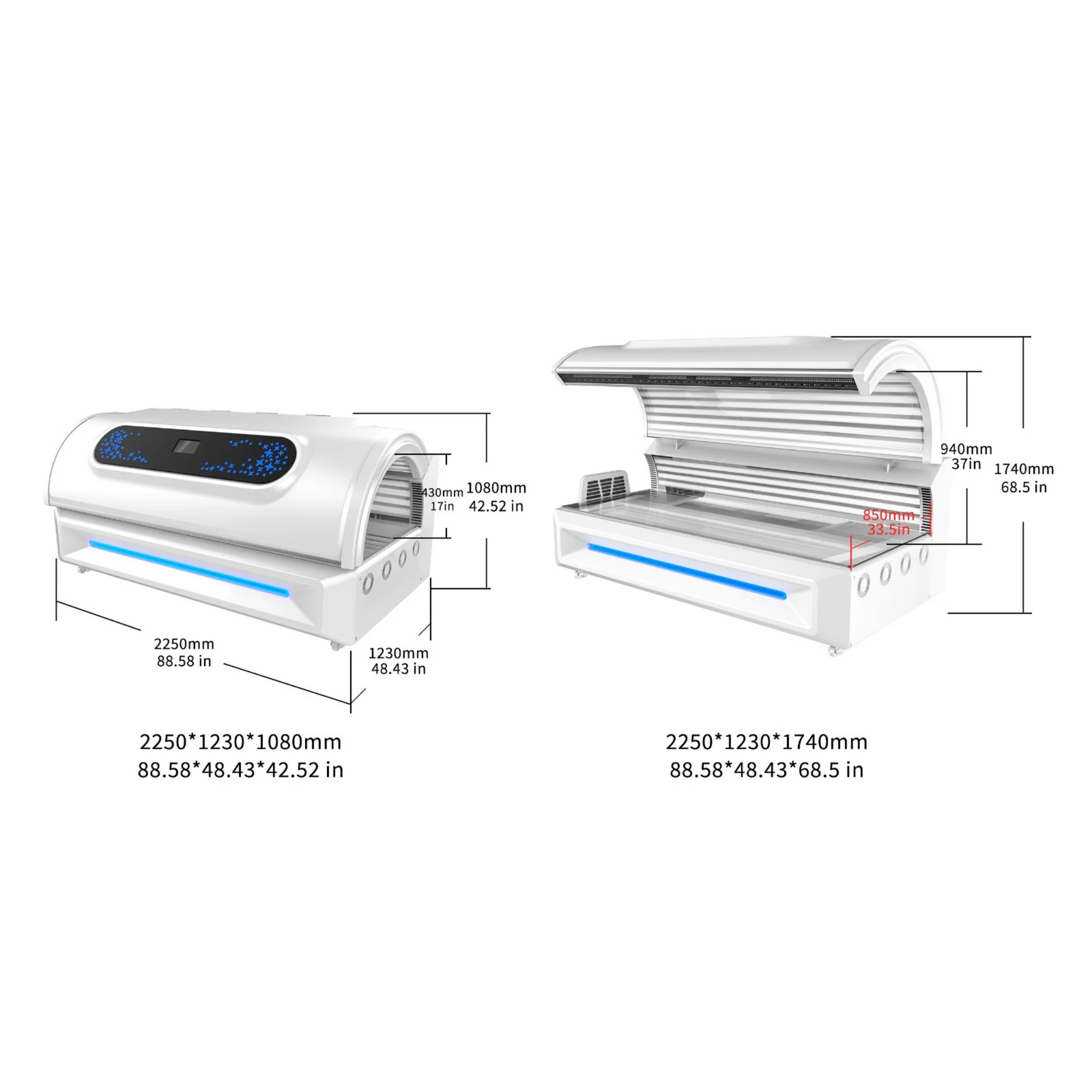Merican M6N Whole-Body Red Light Therapy Bed – dimensions diagram of the bed